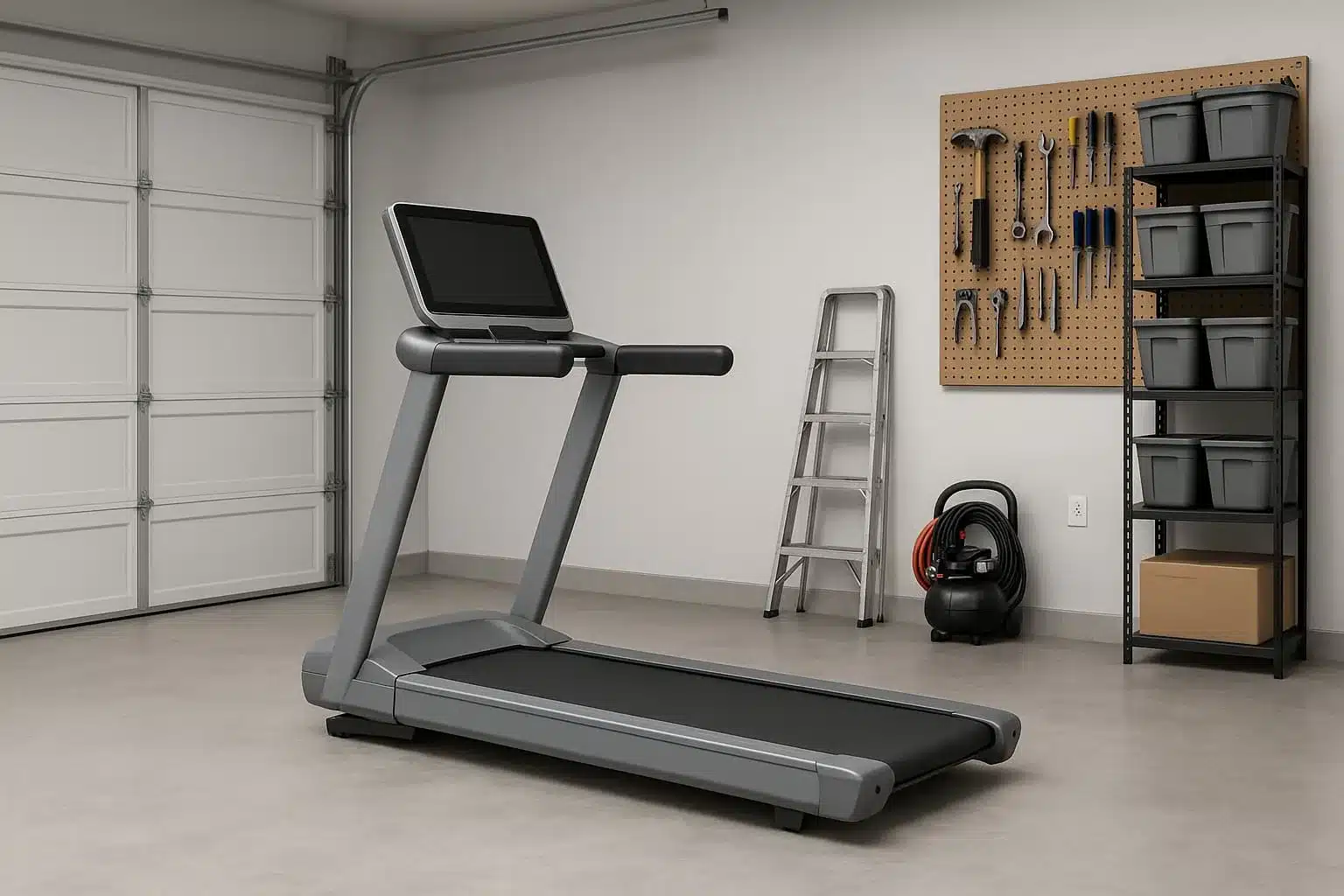 A treadmill in a home garage A treadmill in a home garage