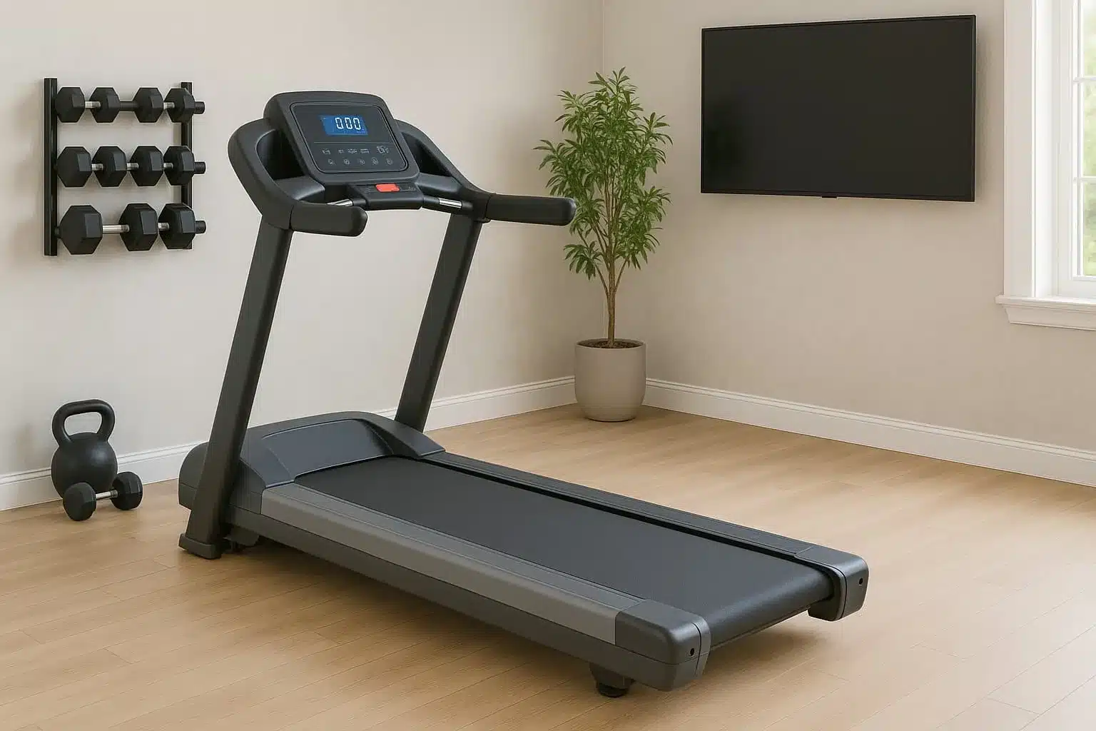 A treadmill in a room corner A treadmill in a room corner