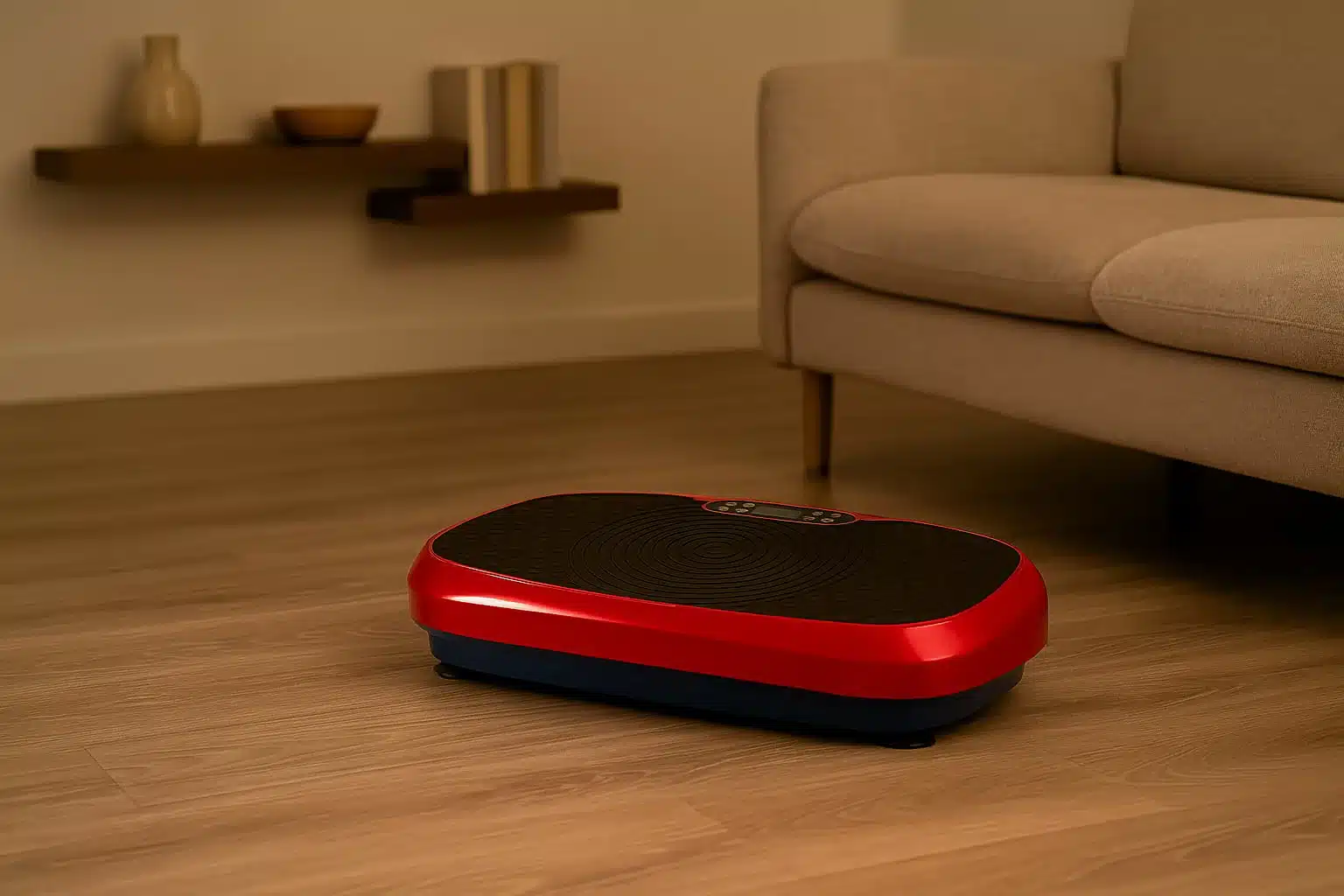 A vibration plate in a dim living room setting A vibration plate in a dim living room setting