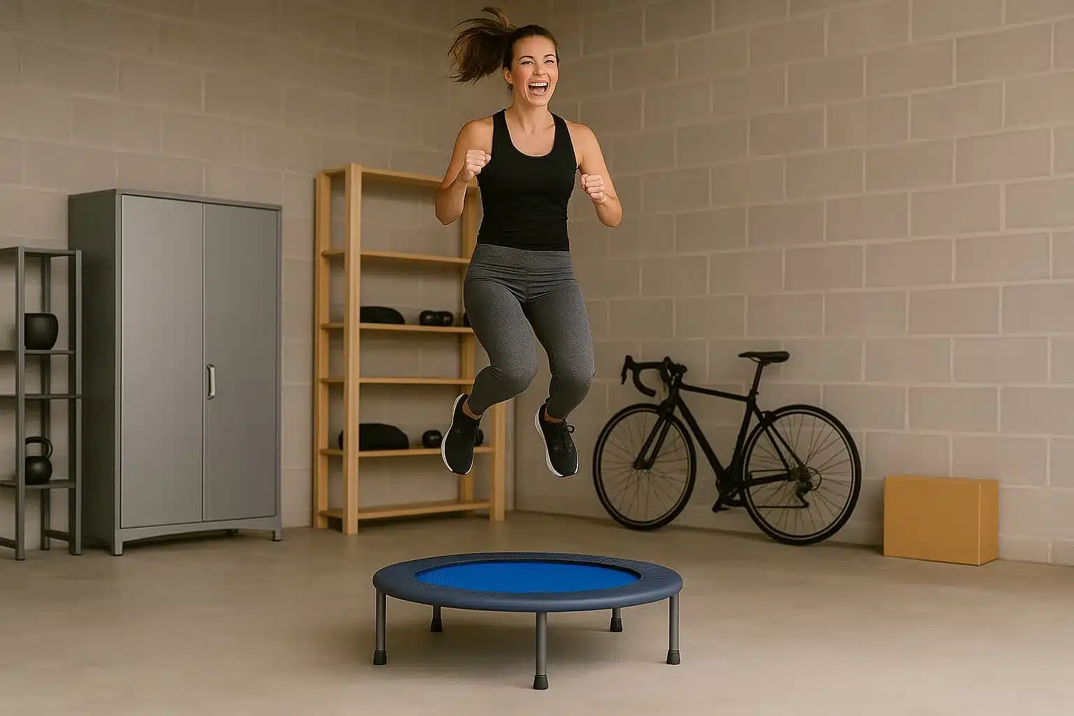 Rebounder in a home gym workout A woman jumping on a rebounder in a home gym