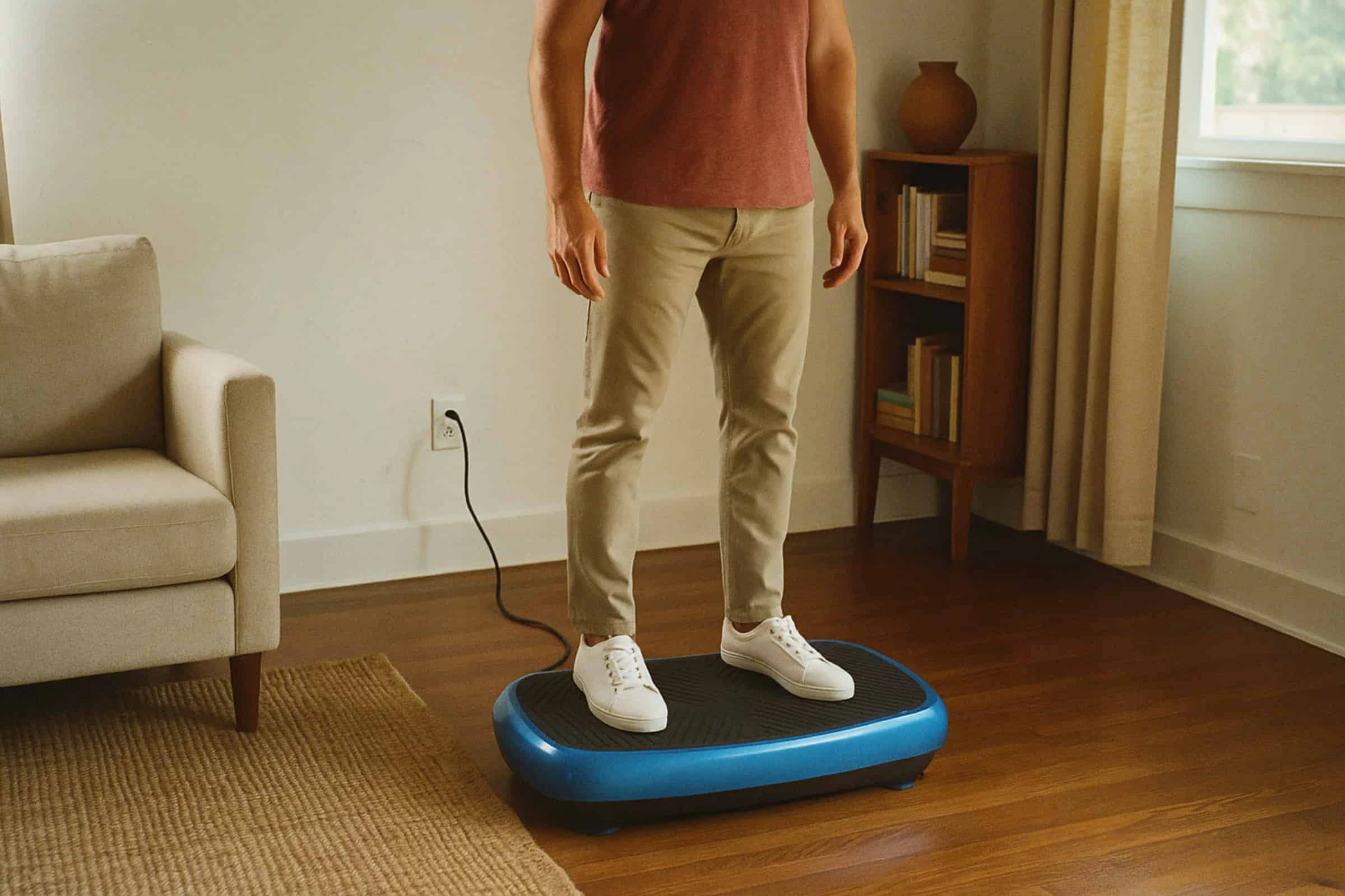 A man on a vibration plate without itchy sensations A man on a vibration plate without itchy sensations