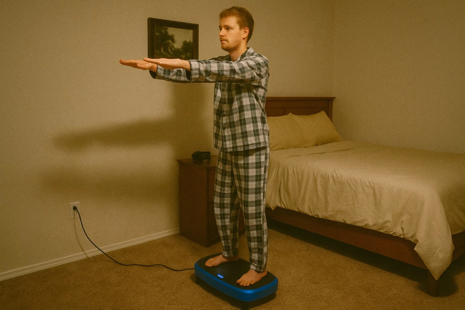 A man using a vibration plate before bed A man in his pajamas using a vibration plate before bed