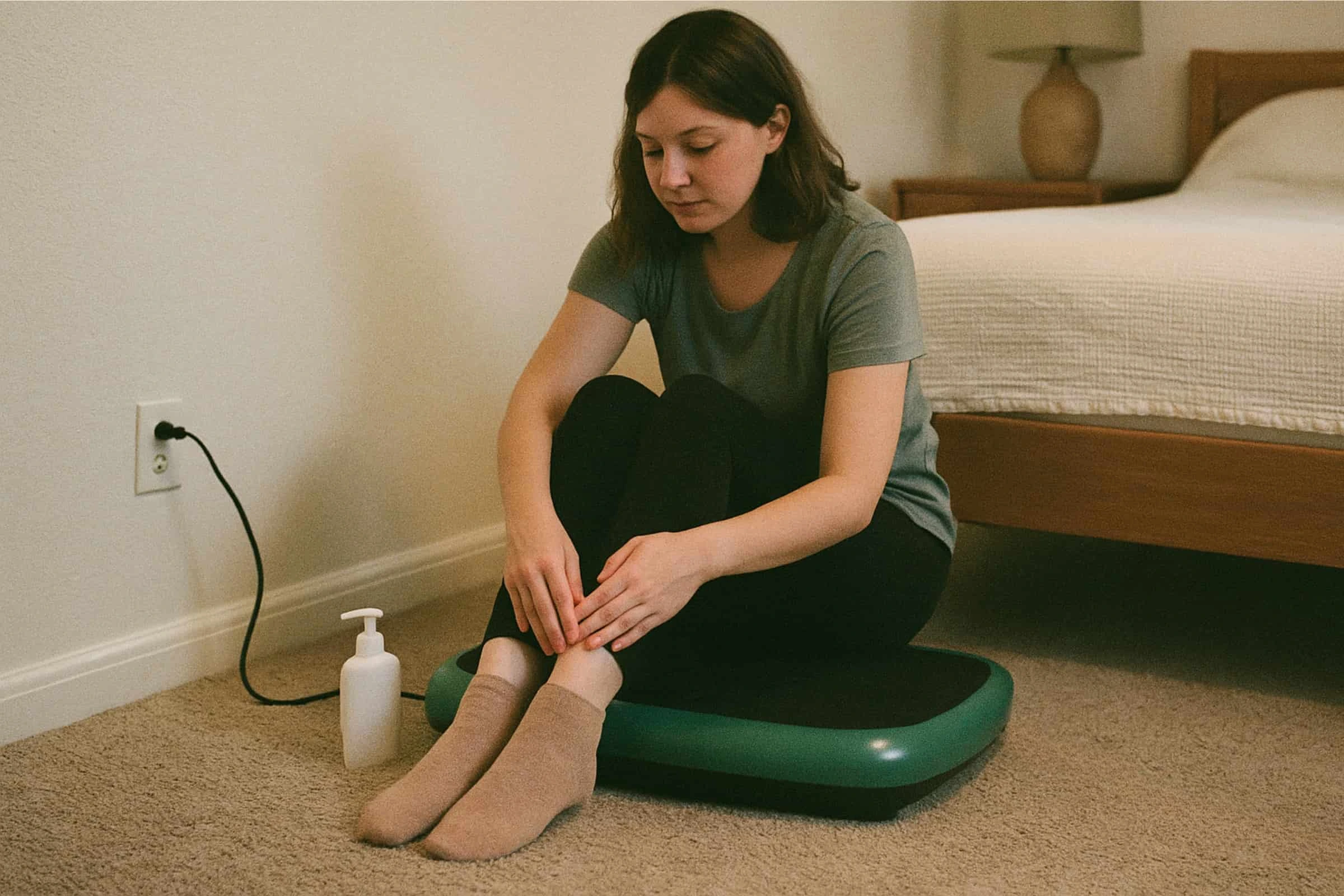 A woman sitting on a vibration plate moisturizer near by to prevent itchy sensations A woman sitting on a vibration plate moisturizer near by to prevent itchy sensations