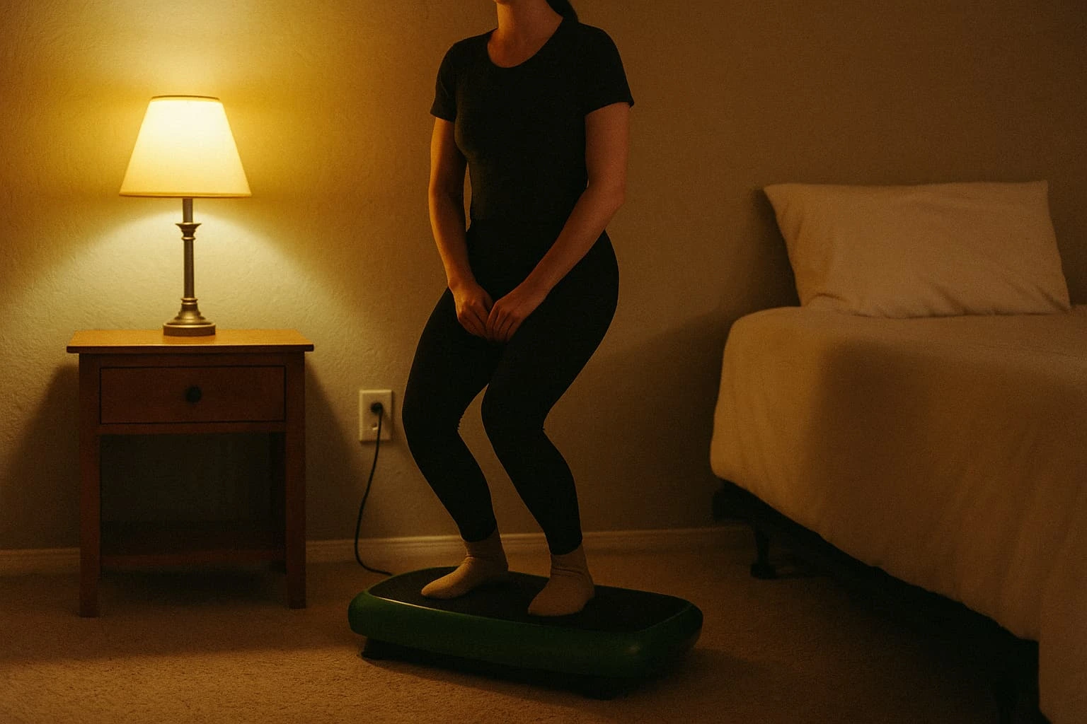 A woman standing on a vibration plate no sensations A woman standing on a vibration plate no sensations