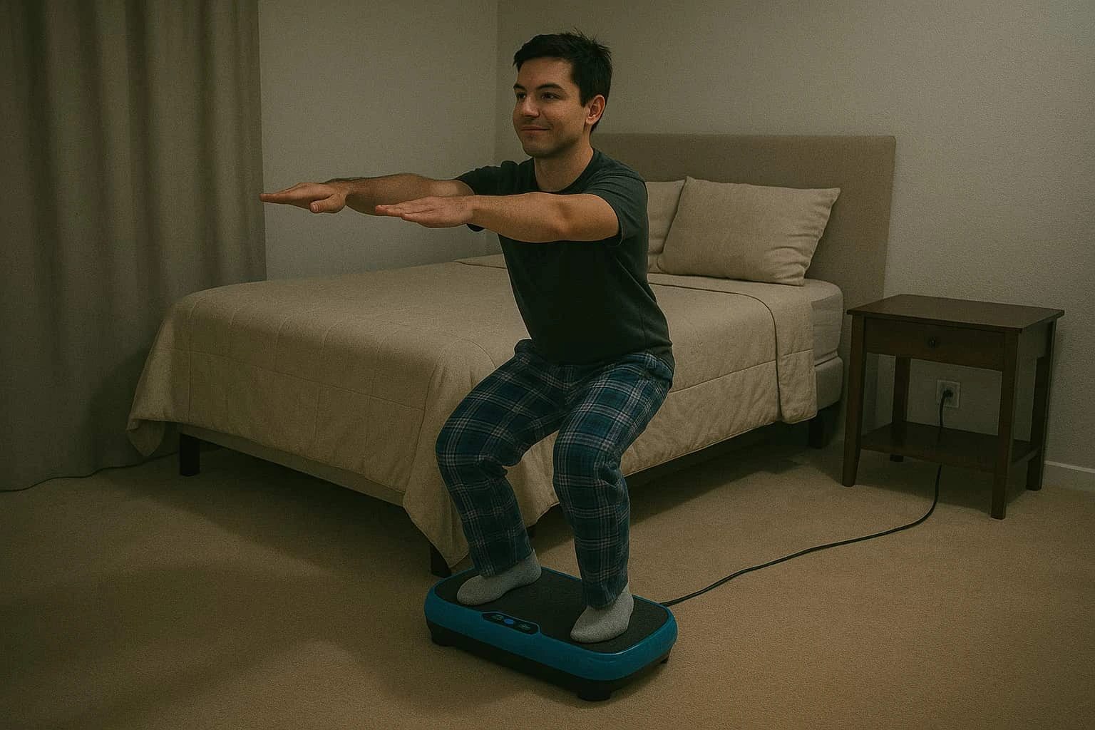 A younger man using a vibration plate before bed A younger man using a vibration plate before bed