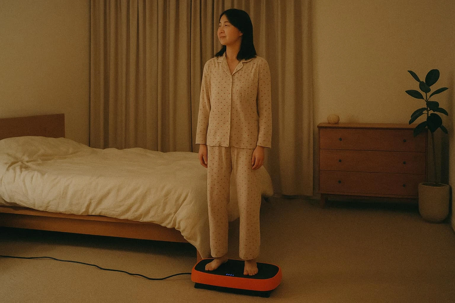 A younger woman using a vibration plate before bed A younger Asian woman using a vibration plate before bed
