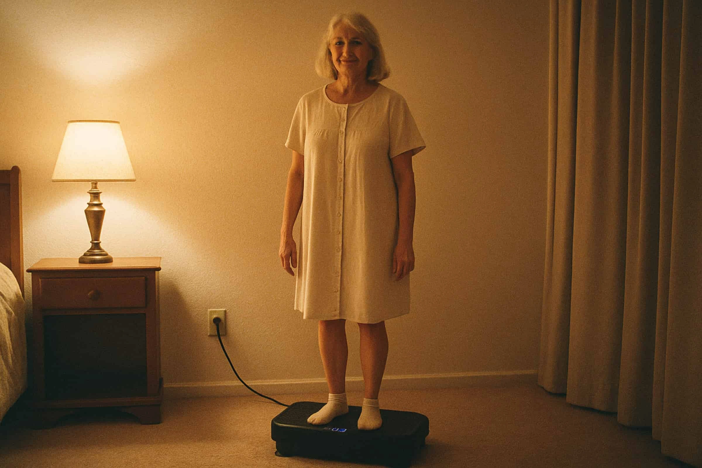 Elderly woman using a Vibration Plate Before Bed Elderly woman using a Vibration Plate Before Bed