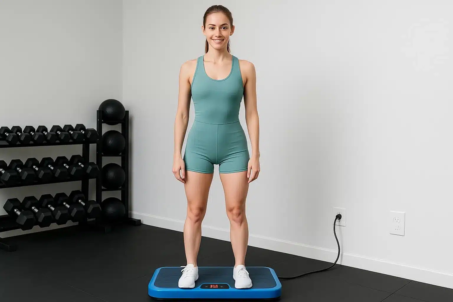 Vibration Plate for Cellulite a young woman in a home gym Vibration Plate for Cellulite a young woman in a home gym