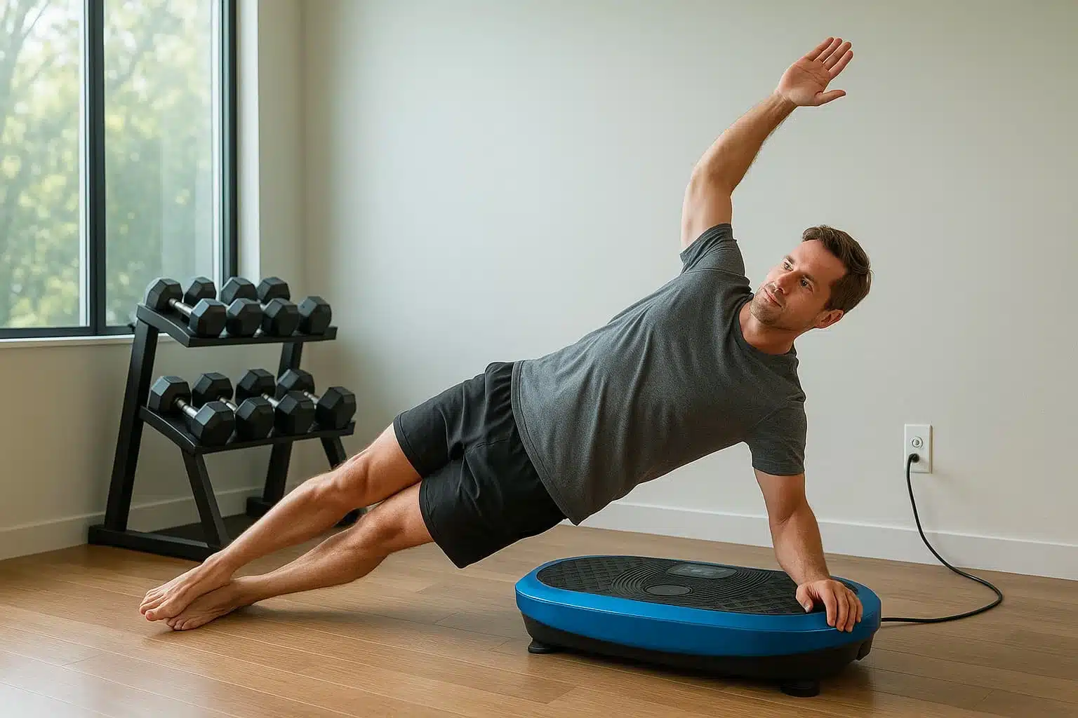 A man doing a side plank on a vibration plate at early morning A man doing a side plank on a vibration plate at early morning