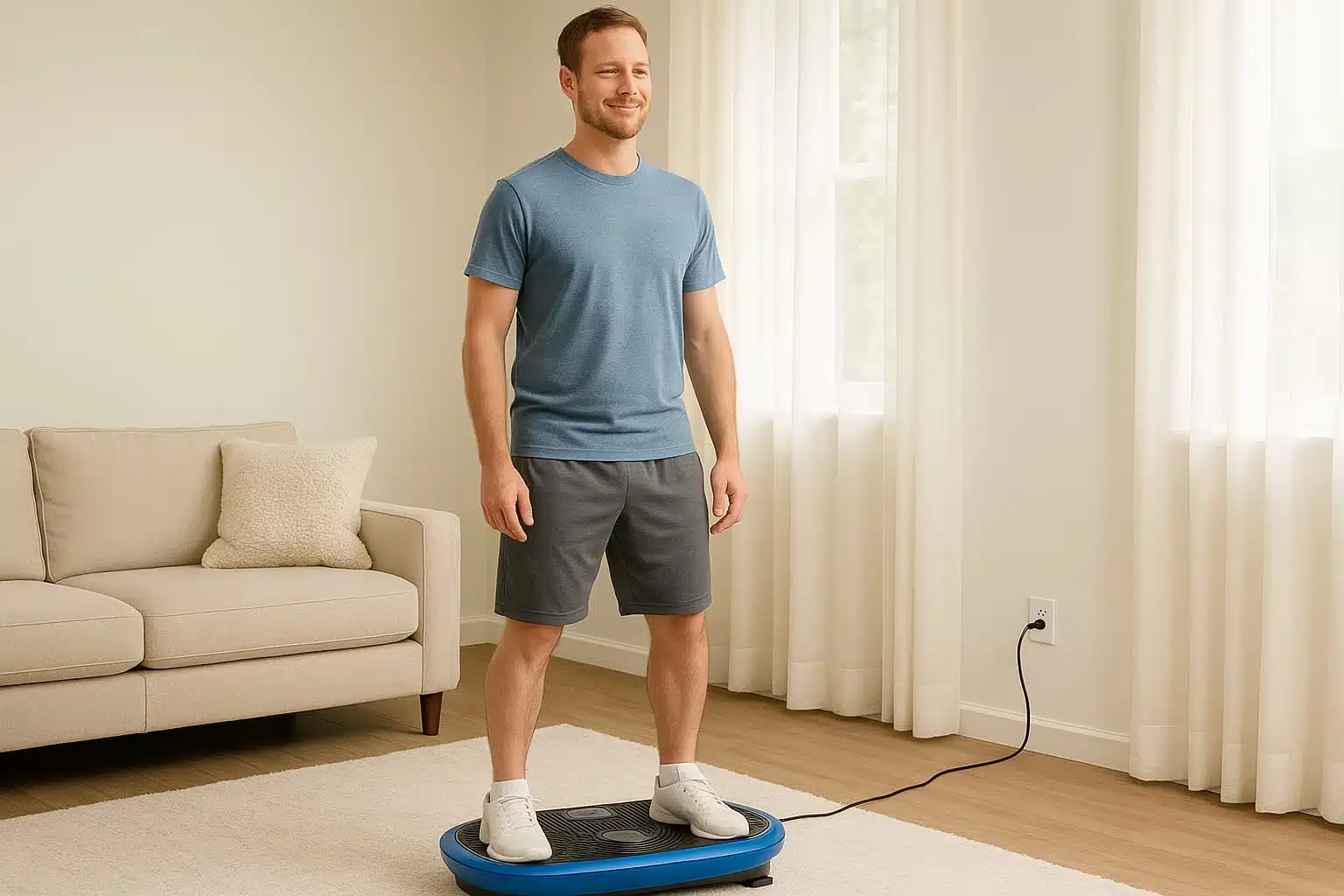 A man on a vibration plate in the early morning A man on a vibration plate in the early morning