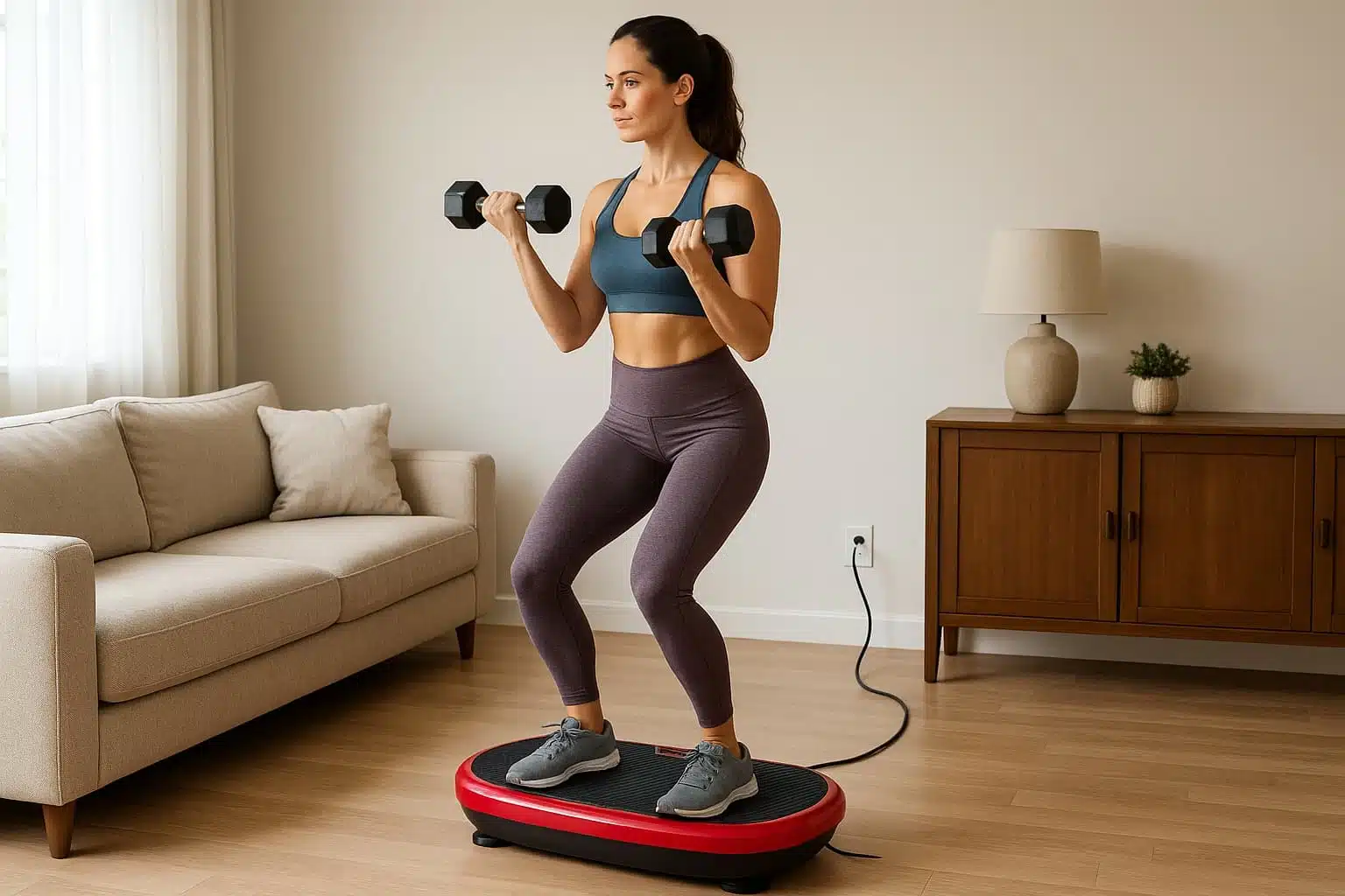 A woman doing biceps curls on a vibration plate at mid day A woman doing biceps curls on a vibration plate at mid day