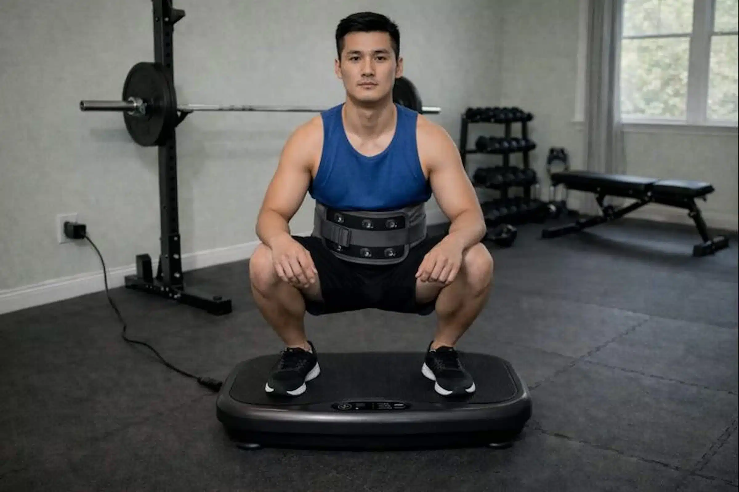 A younger Asian man, full squat on a black vibration plate A younger Asian man, full squat on a black vibration plate