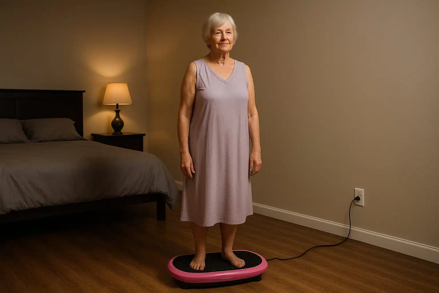 An elderly lady standing relaxed on a vibration plate before bed