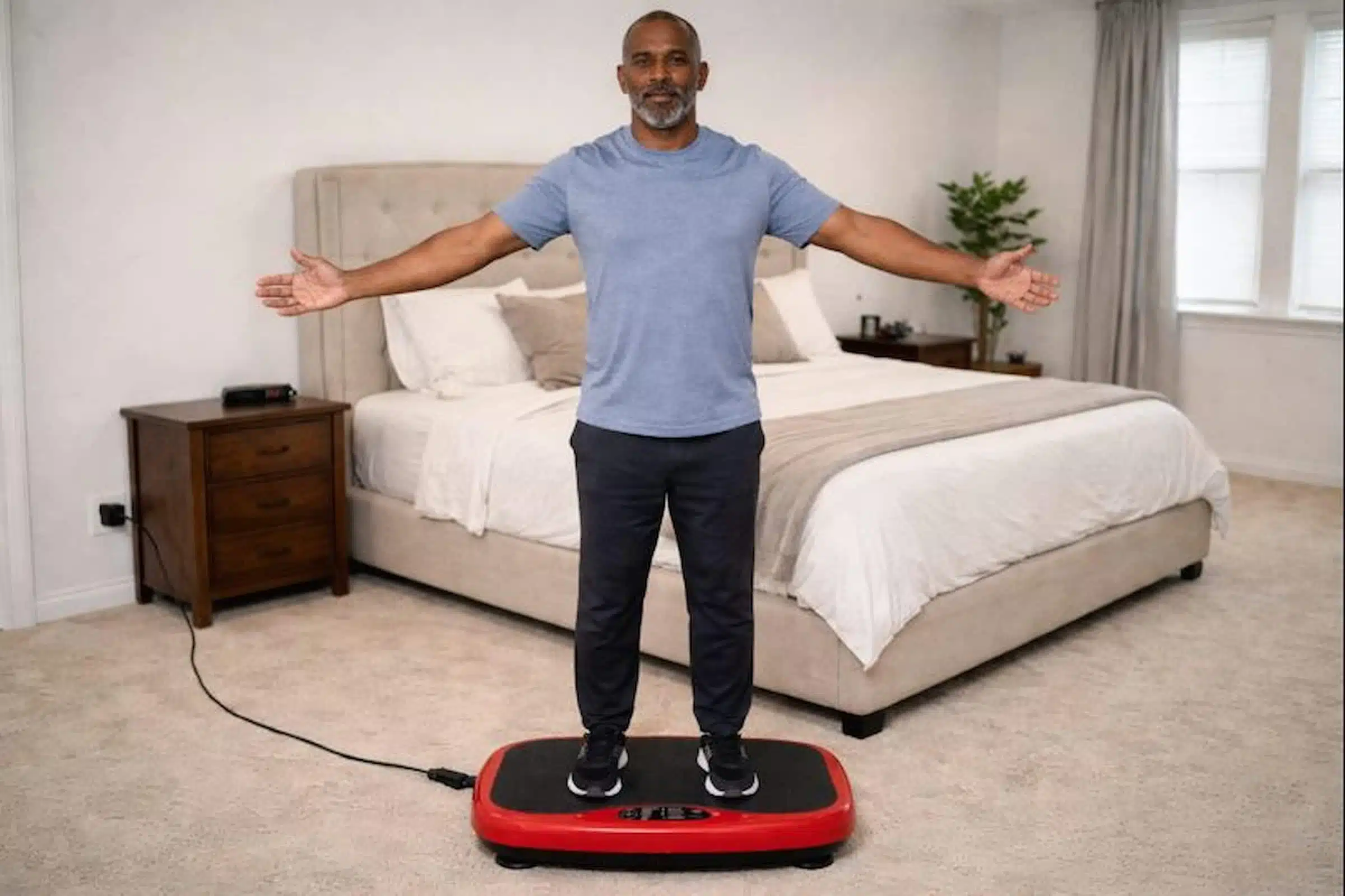 A middle aged African American man on a vibration plate for upper back pain A middle aged African American man on a vibration plate for upper back pain