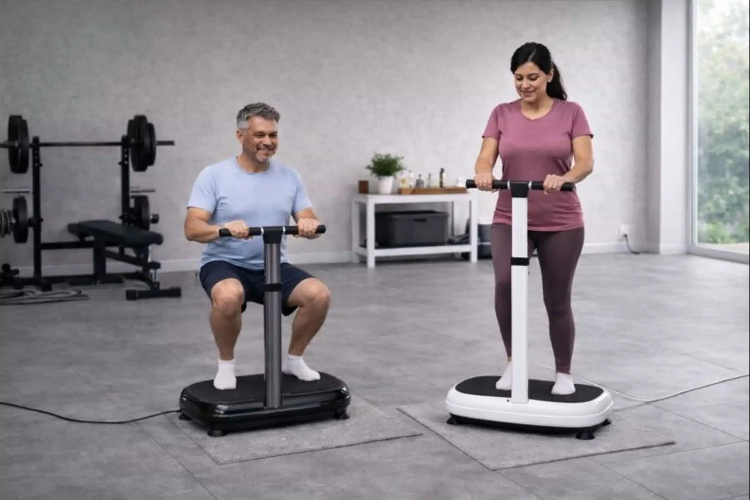 A couple exercising on MERACH Vibration Plates V44 in a home gym A couple exercising on MERACH Vibration Plates V44 in a home gym