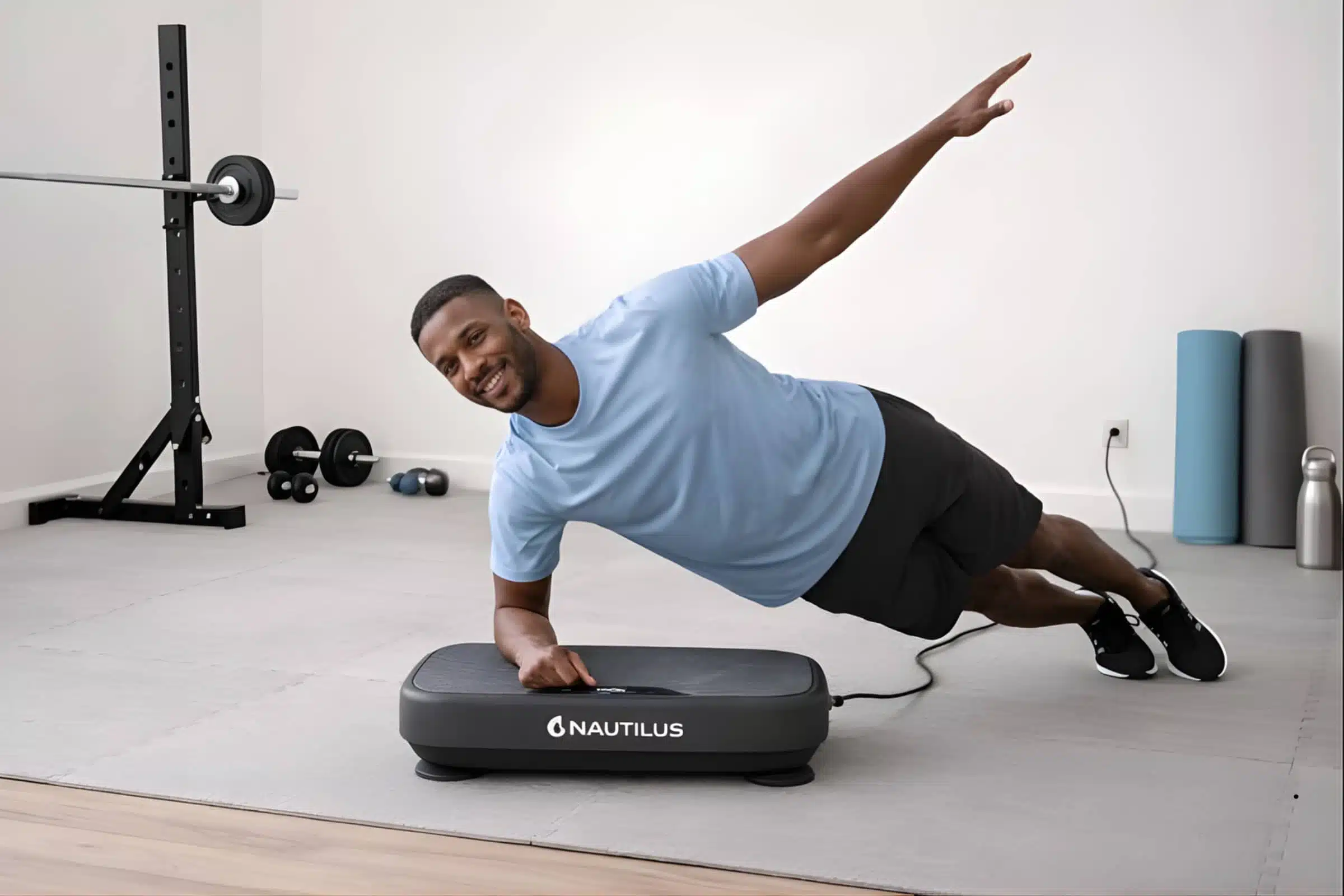 A man doing side plank on a NAUTILUS vibration plate A man doing side plank on a NAUTILUS vibration plate