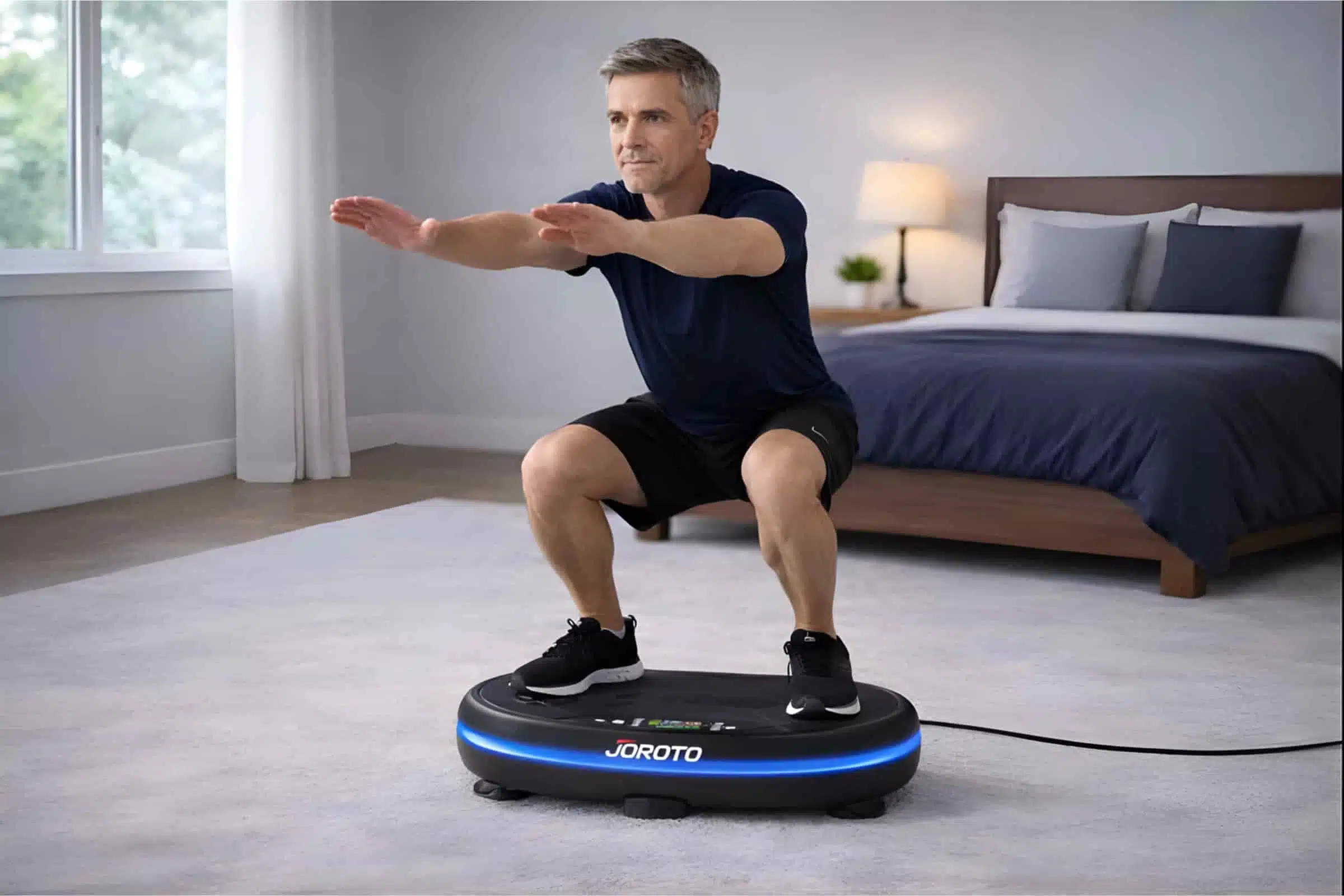 A man in a half squat on a JOROTO 4D vibration plate in his bedroom A man in a half squat on a JOROTO 4D vibration plate in his bedroom