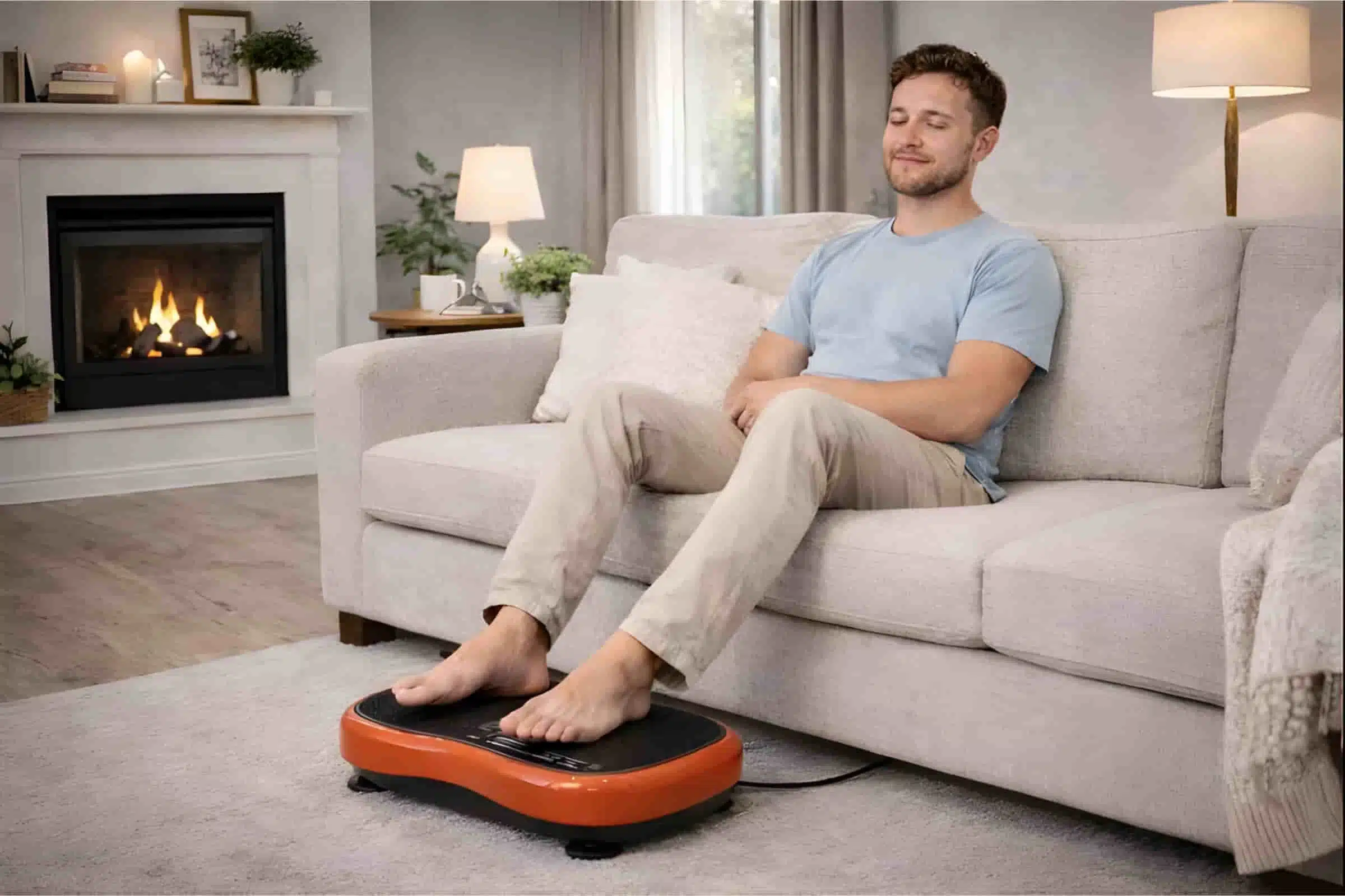 A man sitting on a couch resting his feet on a vibration plate A man sitting on a couch resting his feet on a vibration plate