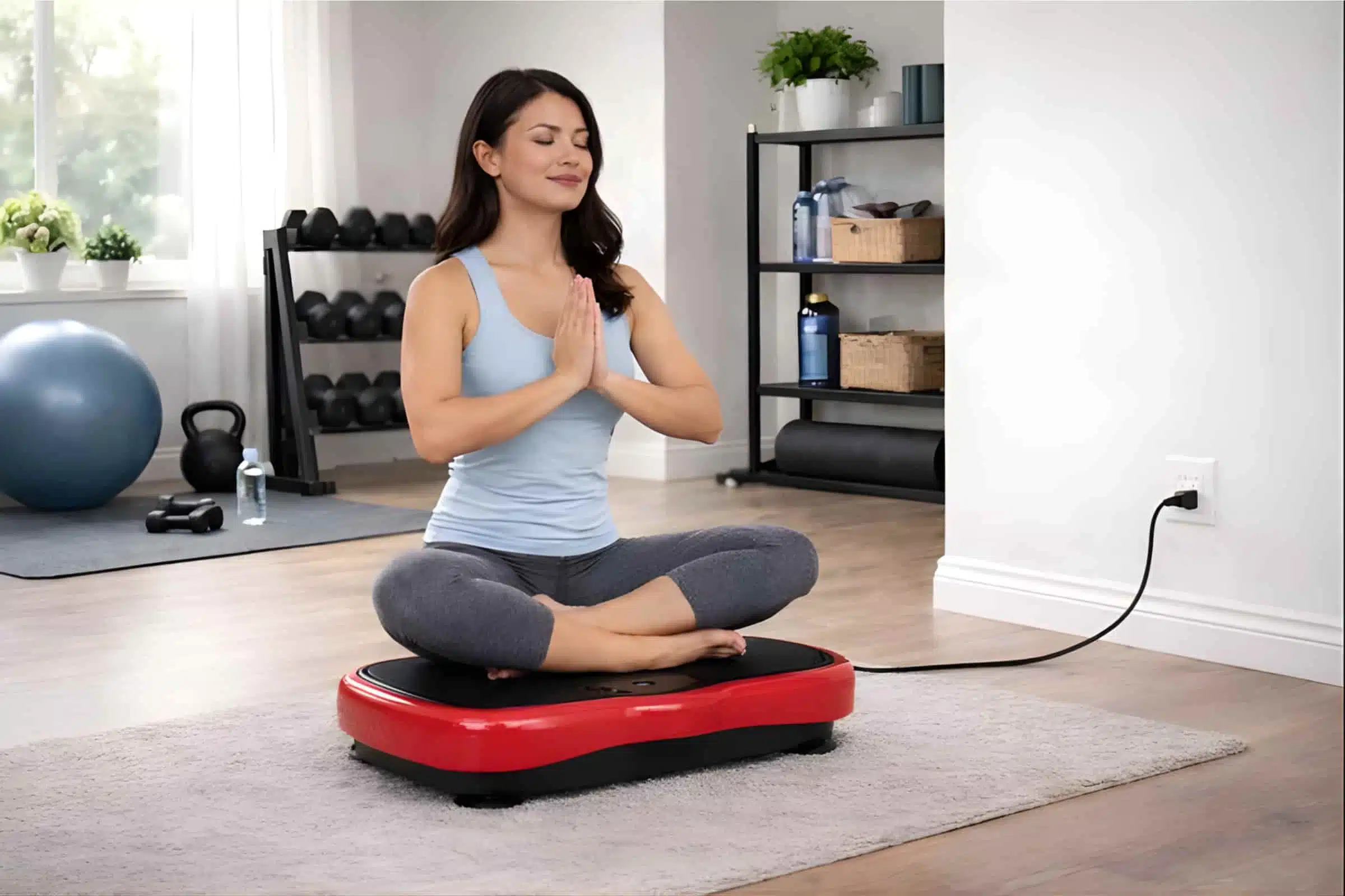 A white caucasian woman sitting on a vibration plate in her home gym A white caucasian woman sitting on a vibration plate in her home gym