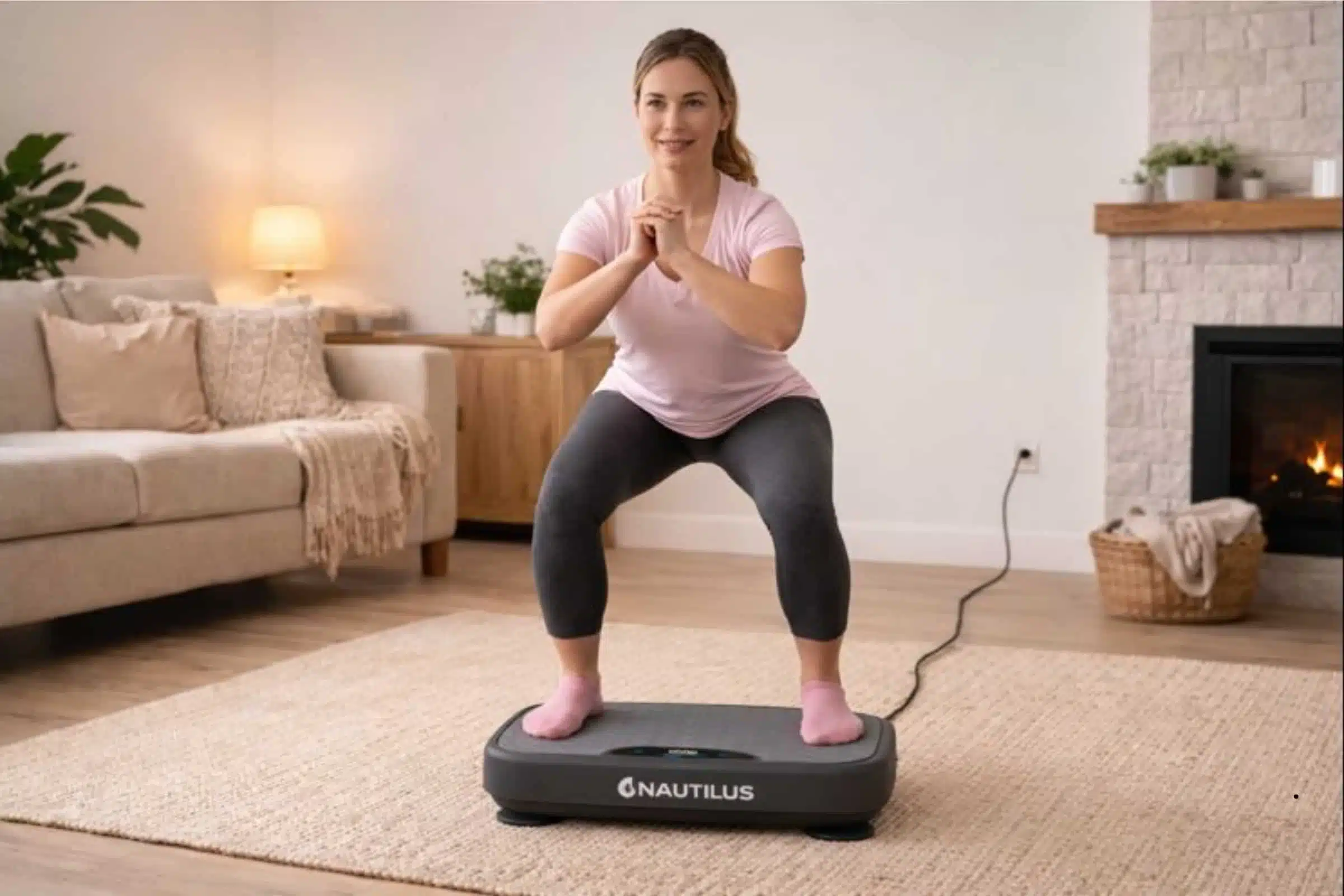 A woman doing a half squat on a NAUTILUS vibration plate A woman doing a half squat on a NAUTILUS vibration plate