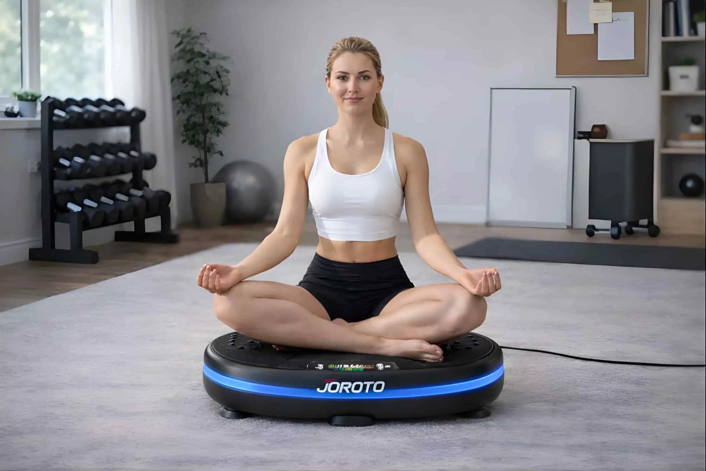 A woman in yoga pose on a JOROTO 4D vibration plate in a home gym A woman in yoga pose on a JOROTO 4D vibration plate in a home gym