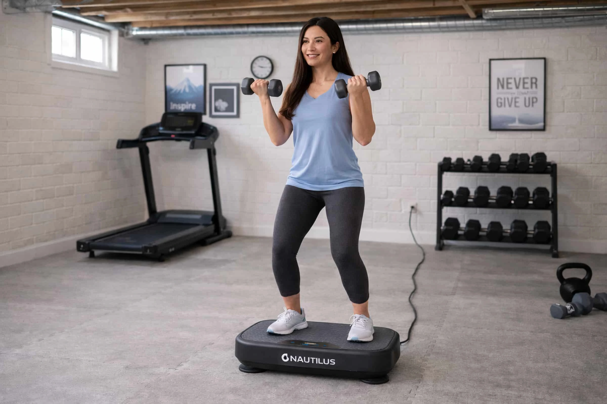 A woman on a NAUTILUS vibration plate exercising with dumbbells A woman on a NAUTILUS vibration plate exercising with dumbbells