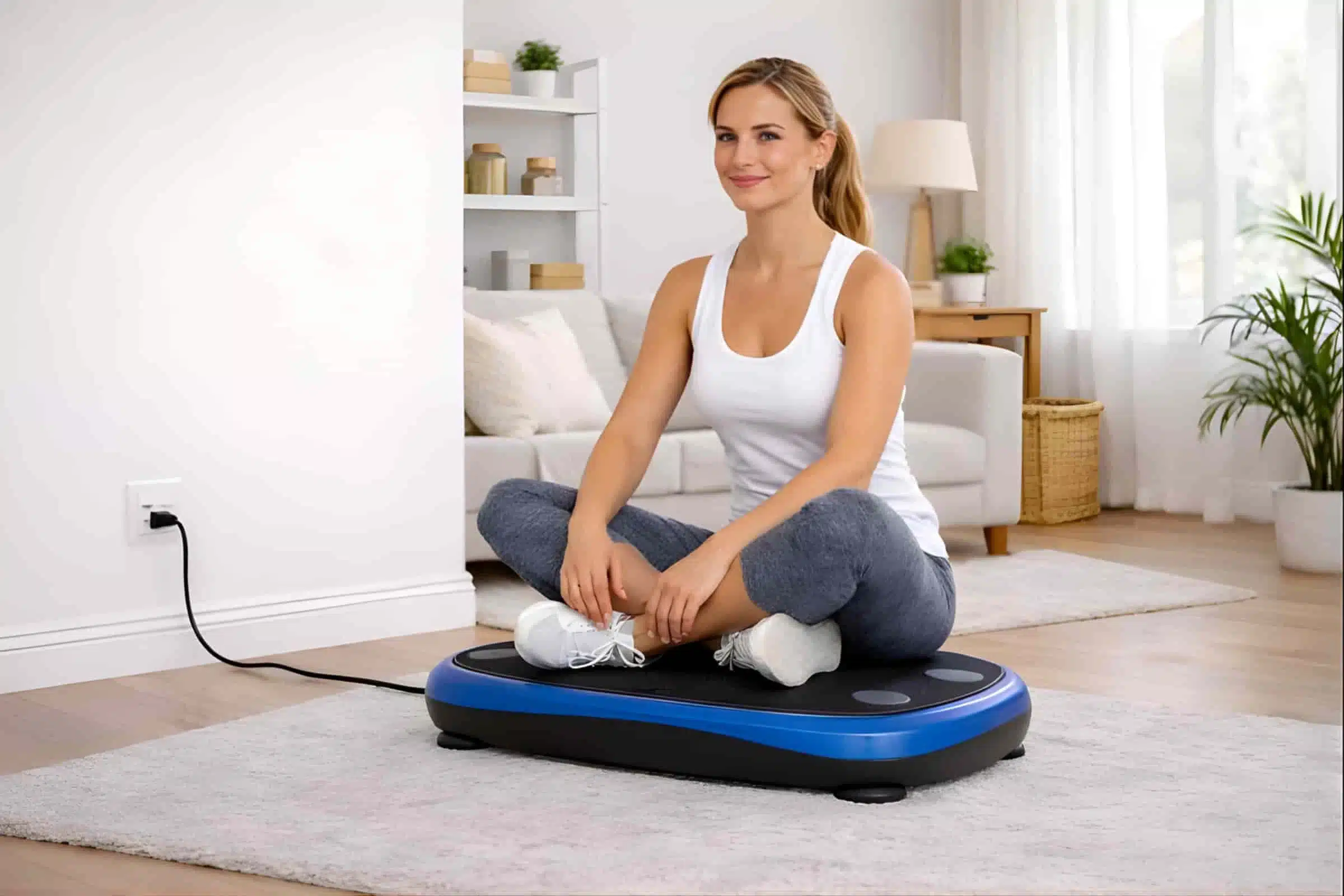 A young white caucasian woman sitting on a vibration plate in her living room A young white caucasian woman sitting on a vibration plate in her living room
