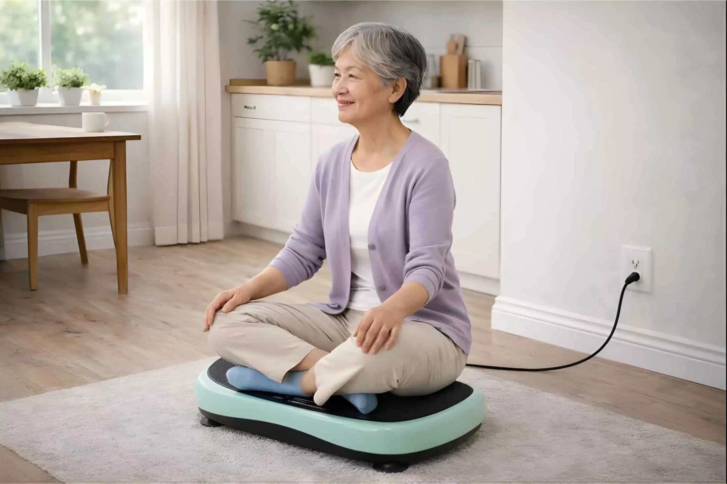 Elderly Asian woman sitting on a vibration plate in her dining room Elderly Asian woman sitting on a vibration plate in her dining room