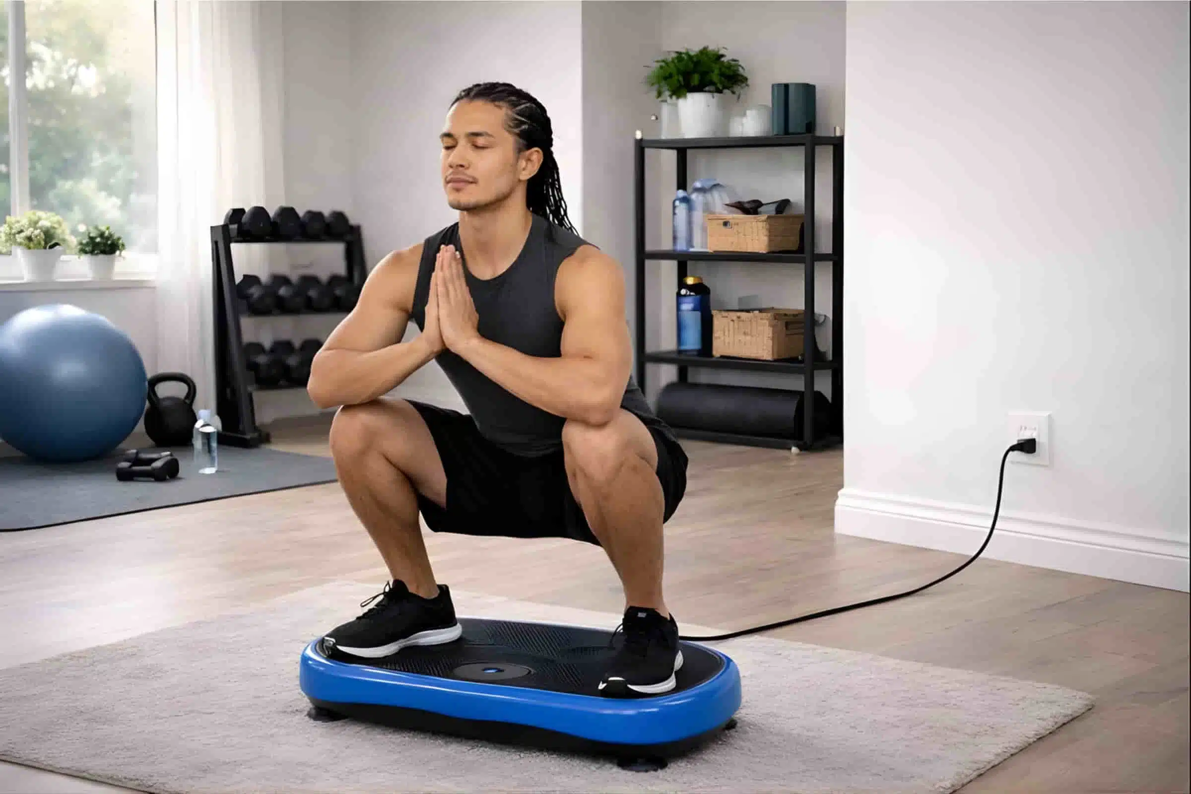 Latino-American man in his late twenties doing half squat on a vibration plate meditating Latino-American man in his late twenties doing half squat on a vibration plate meditating