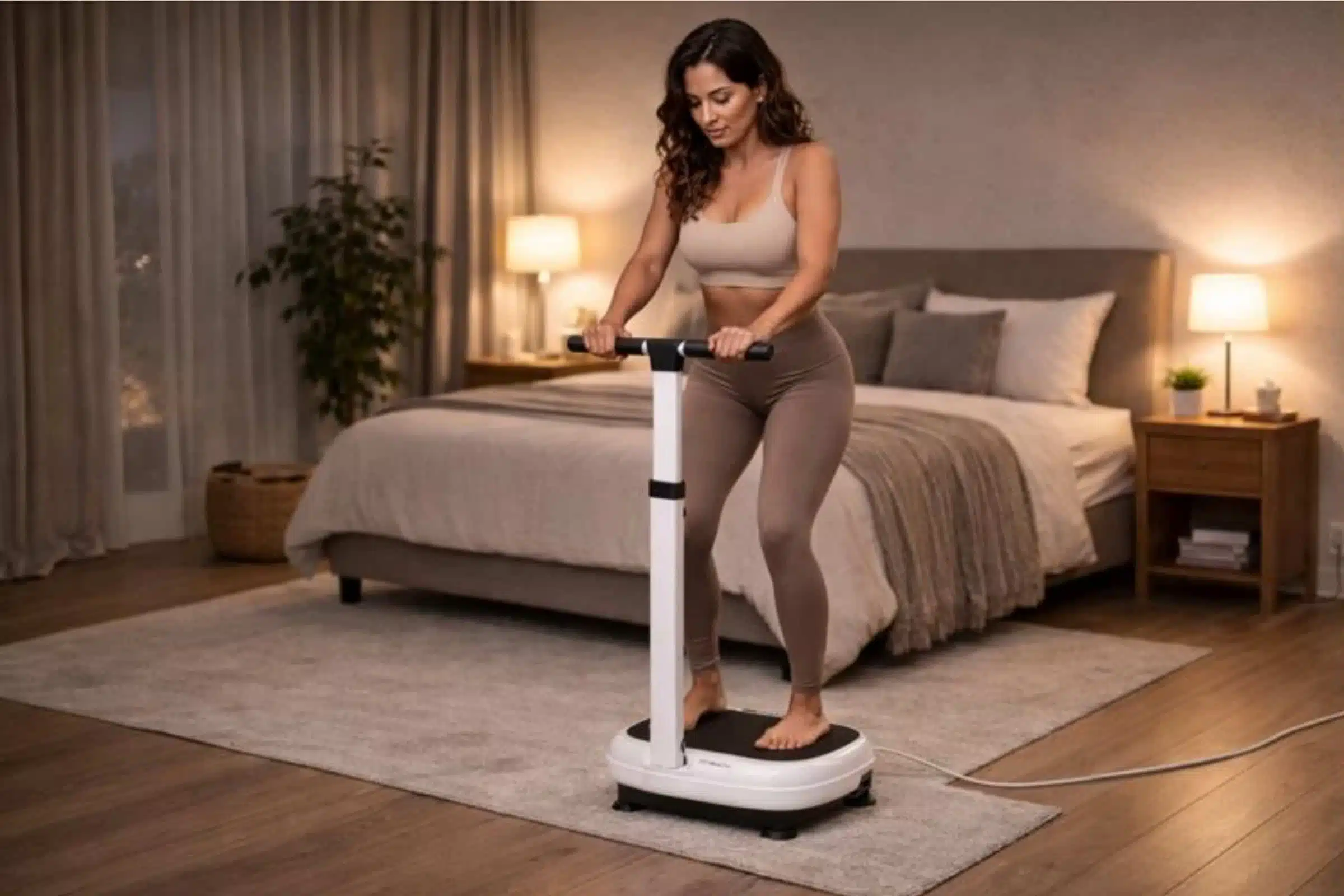 Latino woman in her 30s on the MERACH Vibration Plate V44 with handrails Latino woman in her 30s on the MERACH Vibration Plate V44 with handrails