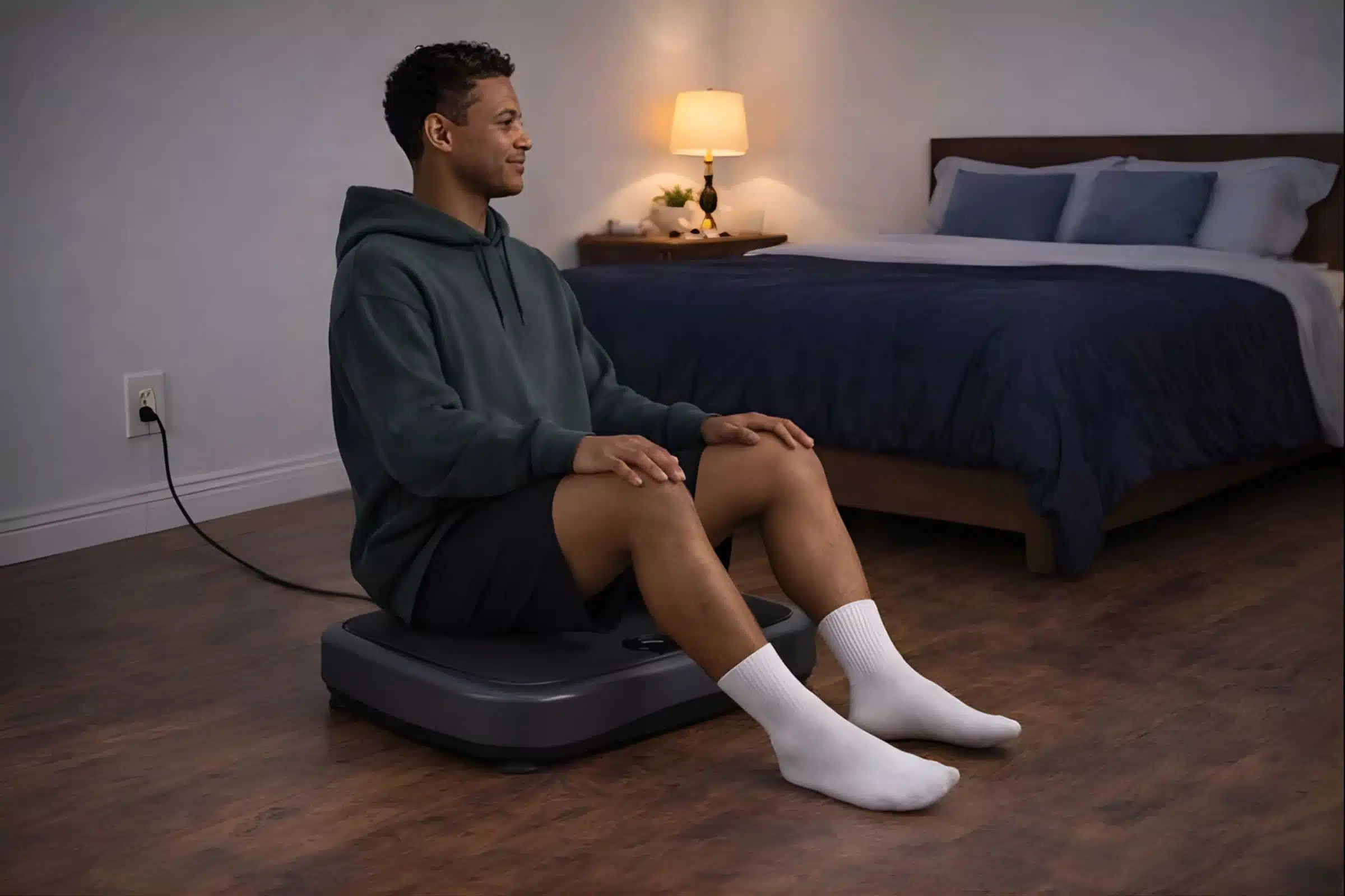Young African American man sitting on a vibration plate in his bedroom Young African American man sitting on a vibration plate in his bedroom