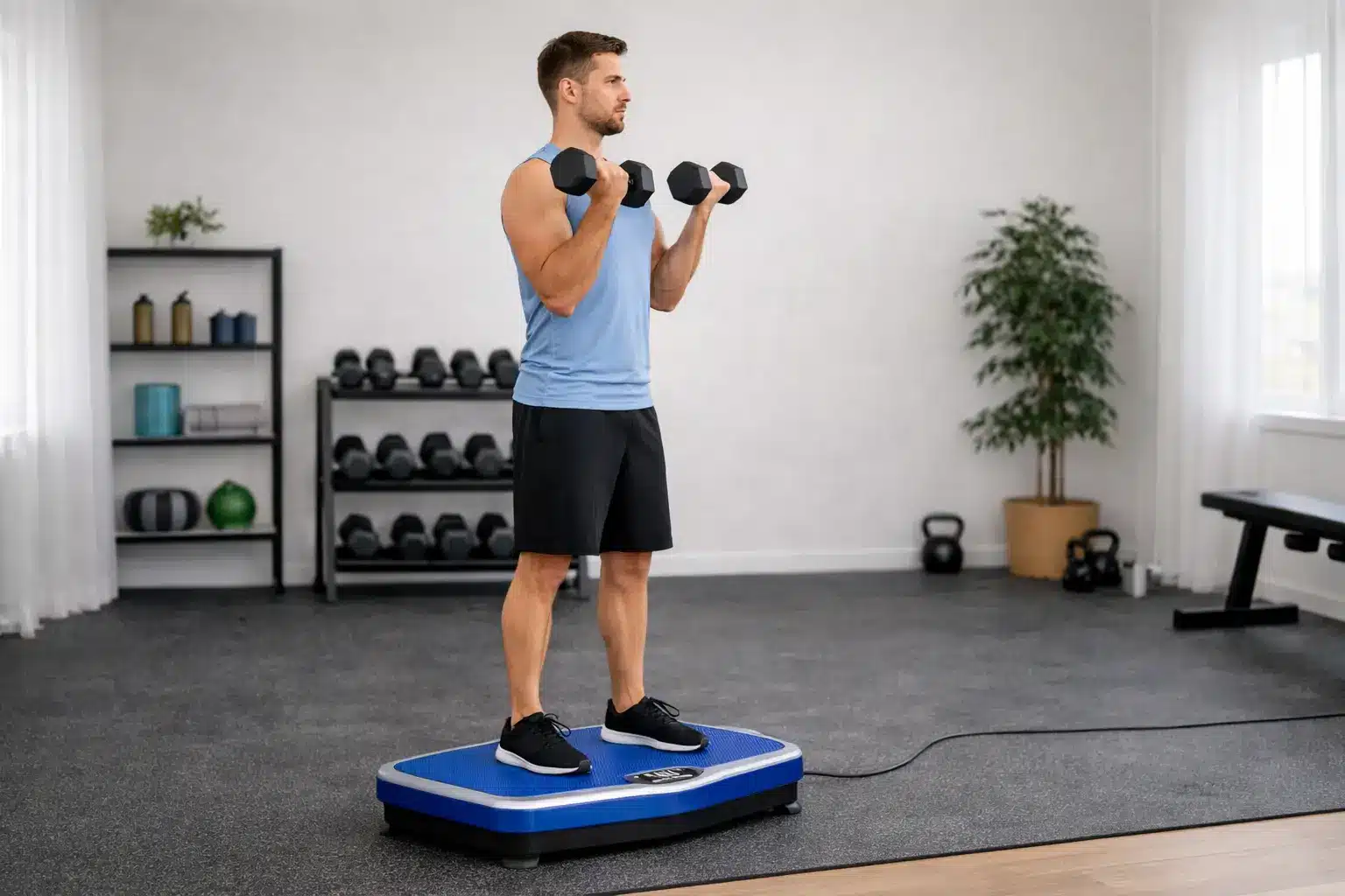 A man doing biceps curls on a vibration plate A man doing biceps curls on a vibration plate