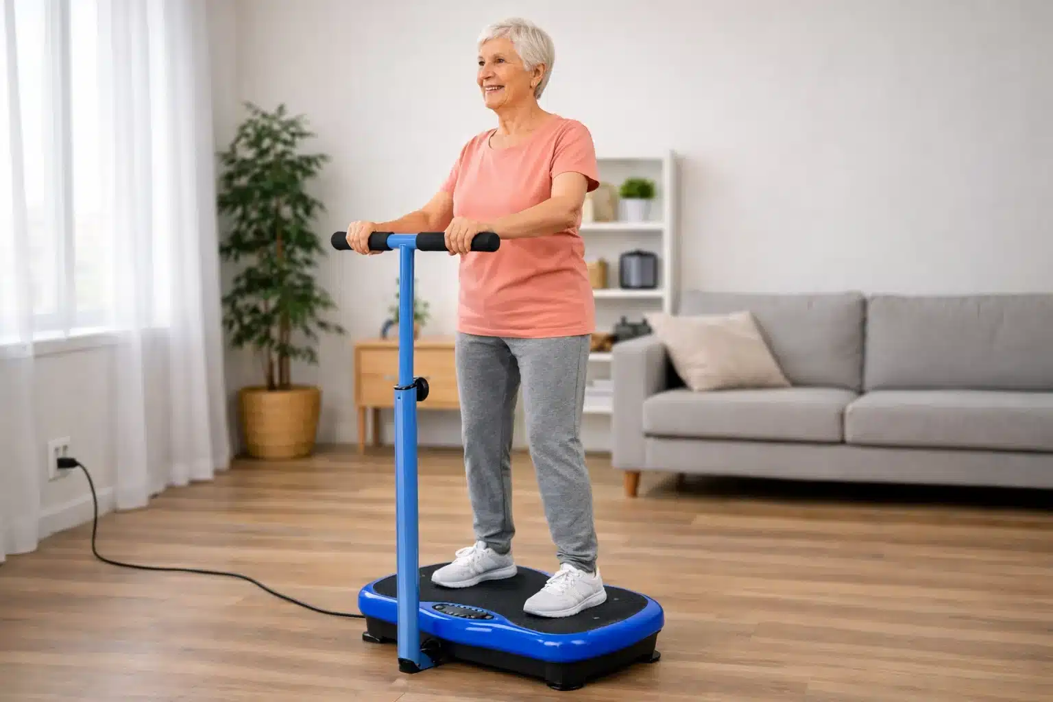 An elderly lady on a vibration plate with handrail An elderly lady on a vibration plate with handrail