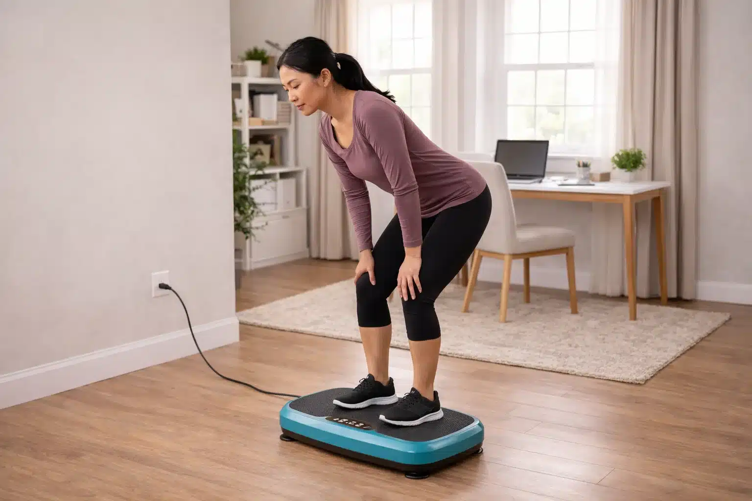 A woman using a Vibration Plate for Knee Pain A woman using a Vibration Plate for Knee Pain