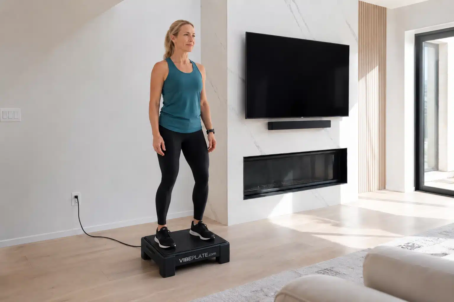 A Woman Using VibePlate 2424 Whole Body Vibration Machine in a modern living room. A Woman Using VibePlate 2424 Whole Body Vibration Machine in a modern living room.