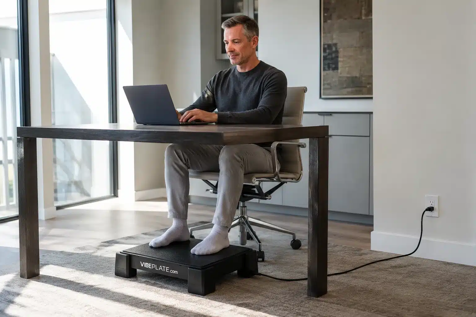 A middle-aged man using the VibePlate 2424 while seated in a modern home office A middle-aged man using the VibePlate 2424 while seated in a modern home office