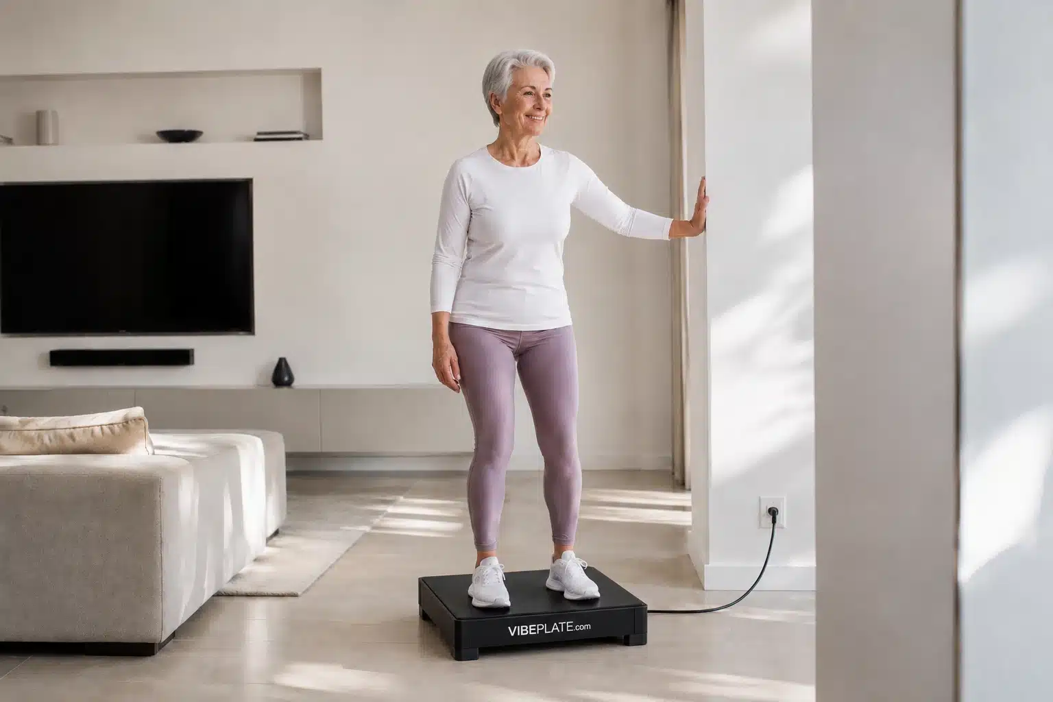 A senior woman using the VibePlate 2424 in a bright modern living room A senior woman using the VibePlate 2424 in a bright modern living room