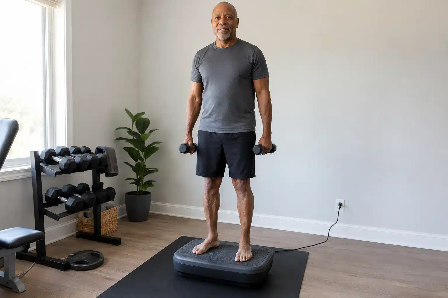 Vibration Plate for Varicose Veins - A man in his home gym Vibration Plate for Varicose Veins - A man in his home gym