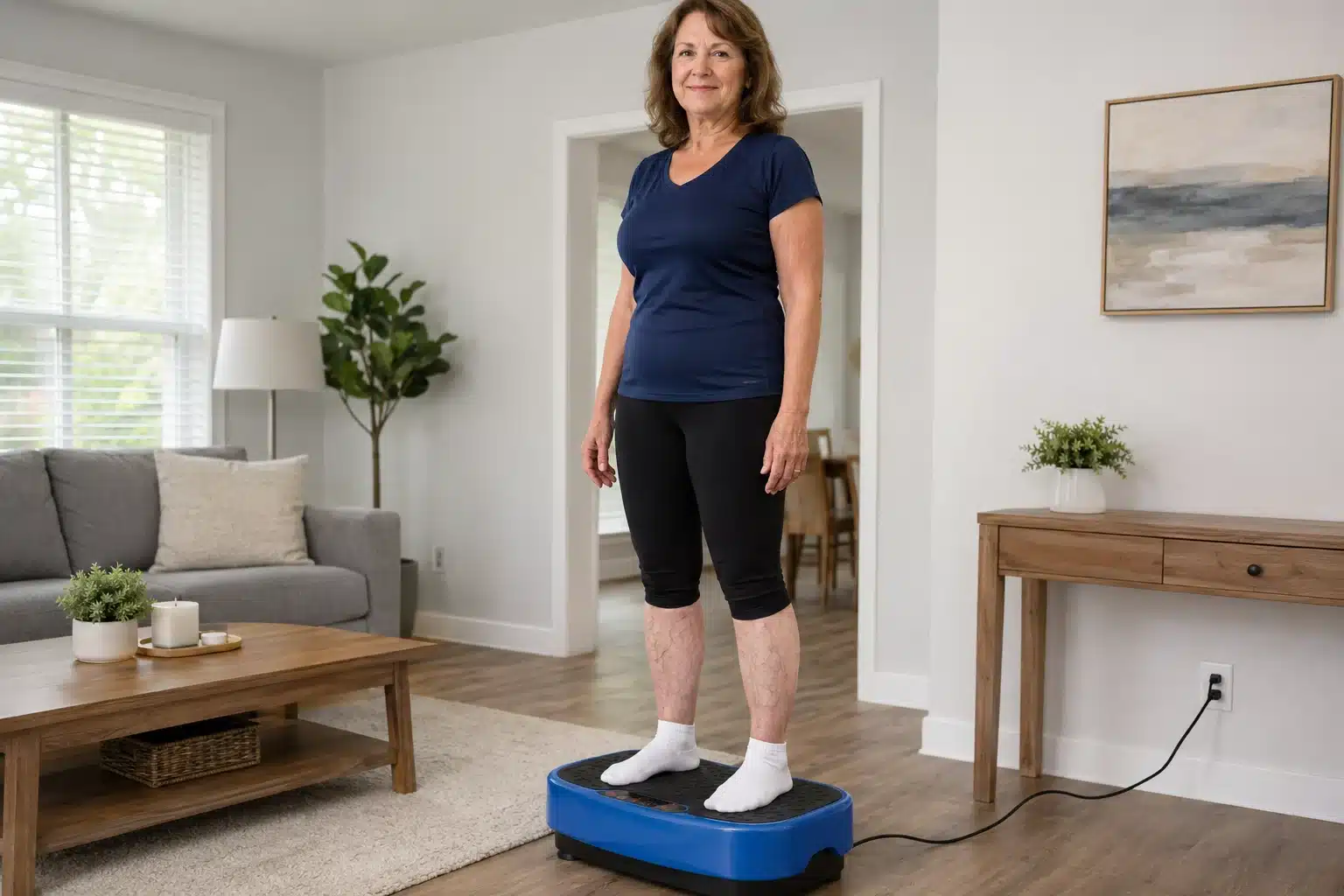 Vibration Plate for Varicose Veins- A woman in her living room Vibration Plate for Varicose Veins- A woman in her living room