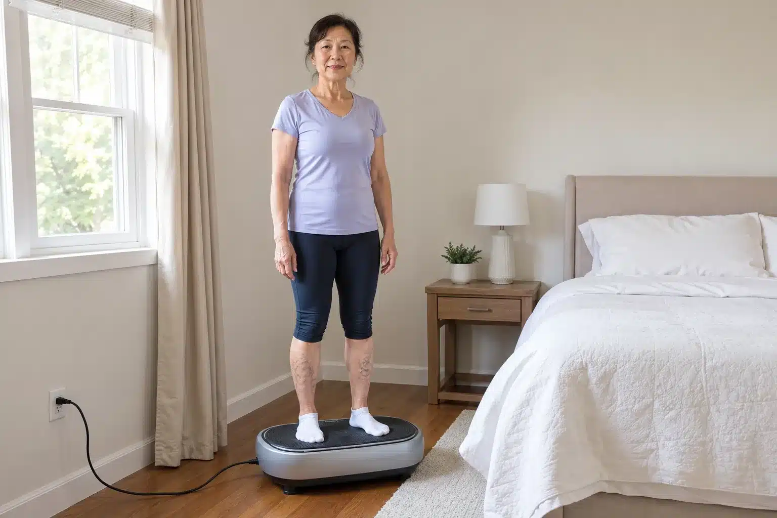 Vibration Plate for Varicose Veins - An Asian woman in her bedroom Vibration Plate for Varicose Veins - An Asian woman in her bedroom