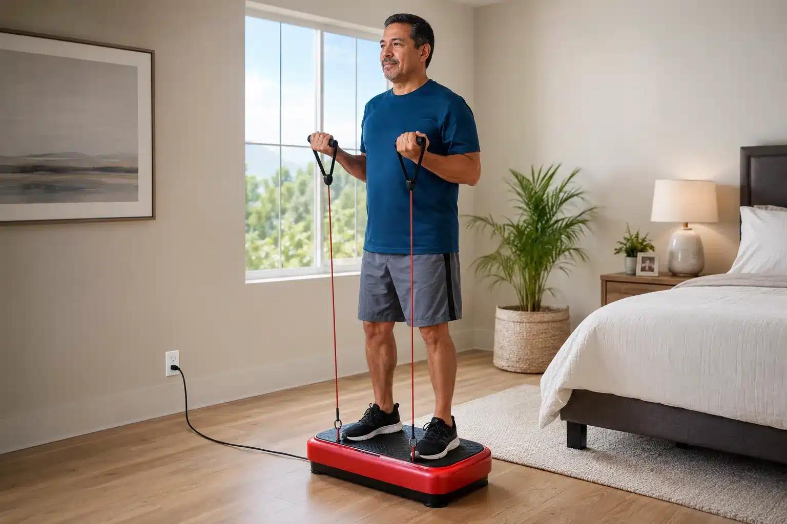 A Hispanic man exercising on a vibration plate A Hispanic man exercising on a vibration plate