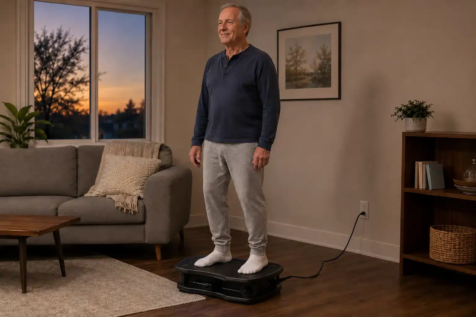 A man in his living room using a vibration plate for restless legs syndrome A man in his living room using a vibration plate for restless legs syndrome