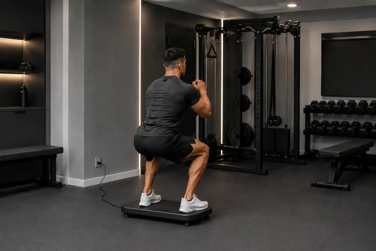A man using VT007 vibration plate in his home gym A man using VT007 vibration plate in his home gym