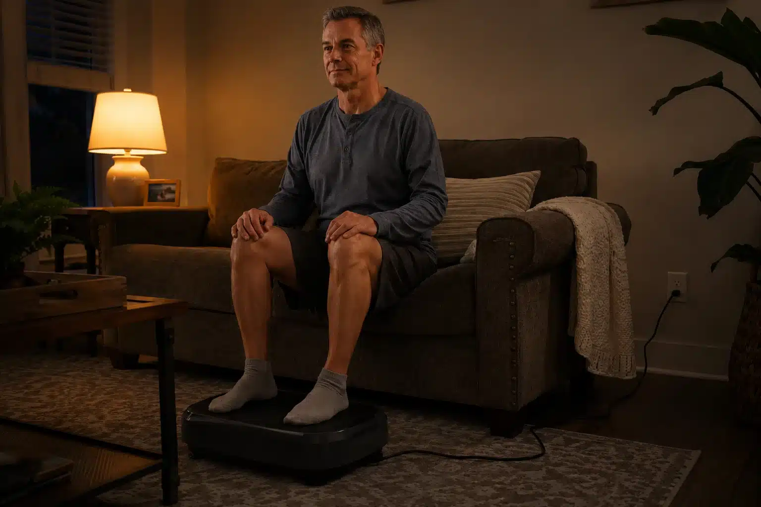 A man using a vibration plate for restless legs syndrome A man in his bedroom using a vibration plate for restless legs syndrome