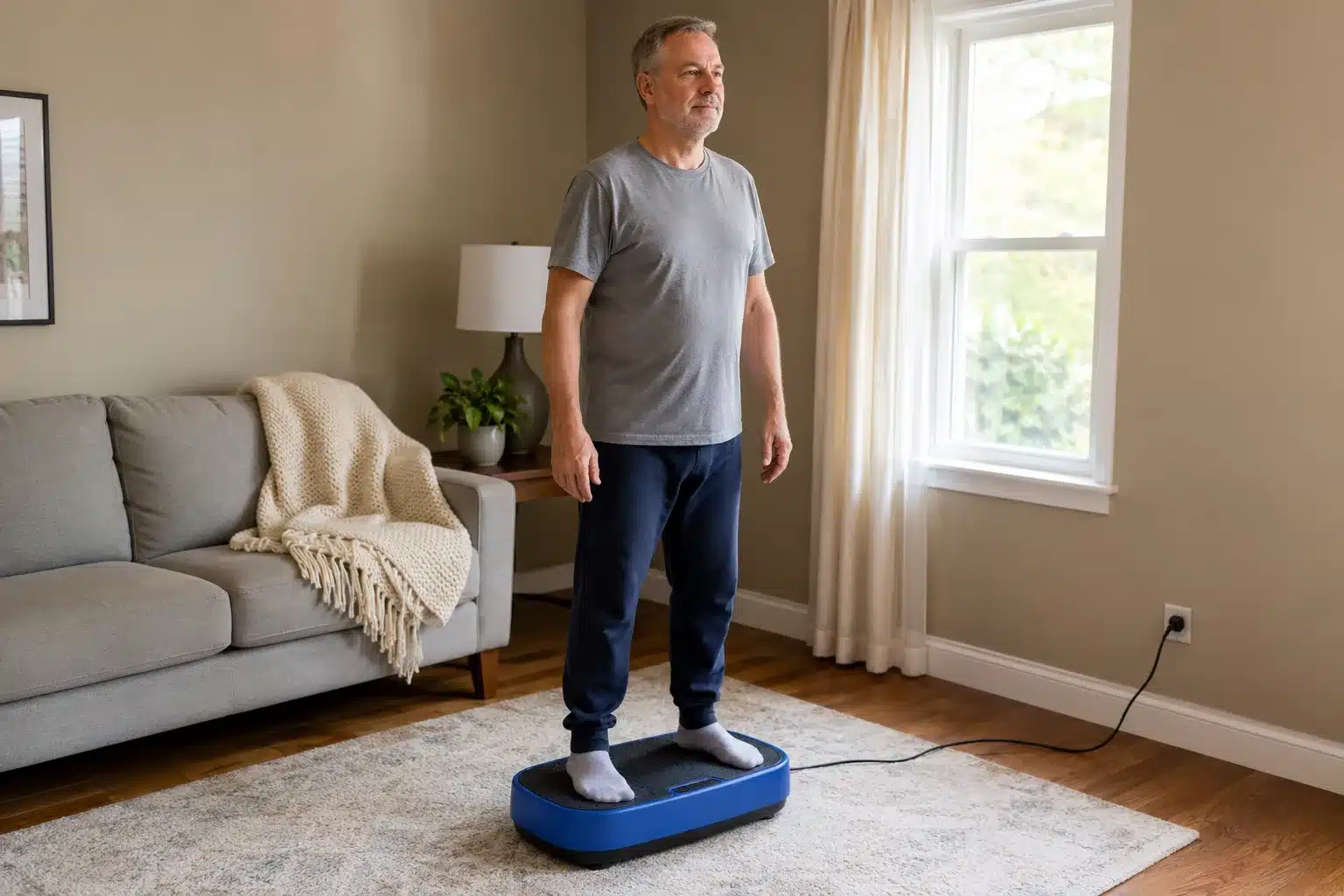 A man using vibration plate for autoimmune disease A man in his living room using vibration plate for autoimmune disease
