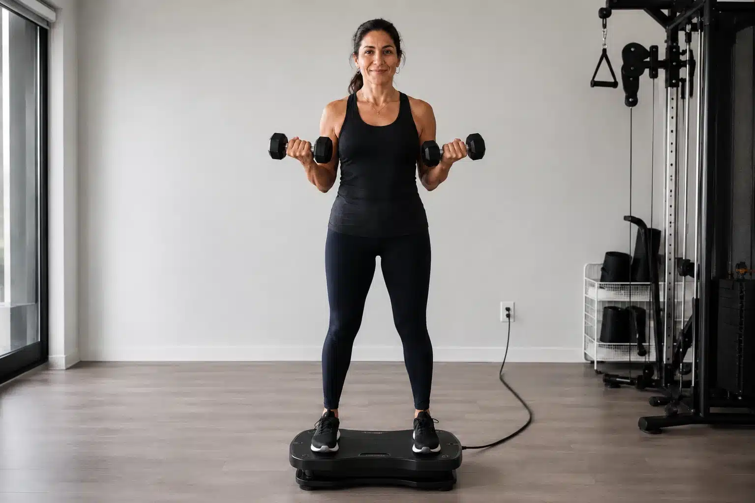 A woman exercising on the VT007 vibration plate in her home gym A woman exercising on the VT007 vibration plate in her home gym