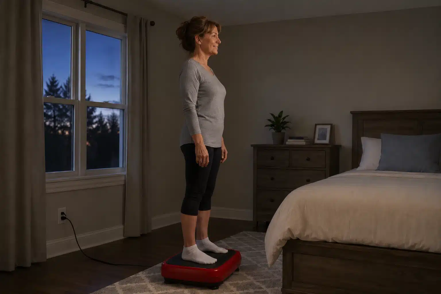 A woman in her bedroom using a vibration plate for restless legs syndrome A woman in her bedroom using a vibration plate for restless legs syndrome