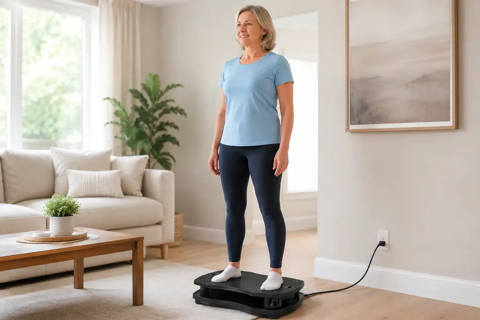 A woman using VT007 vibration plate in her living room A woman using VT007 vibration plate in her living room
