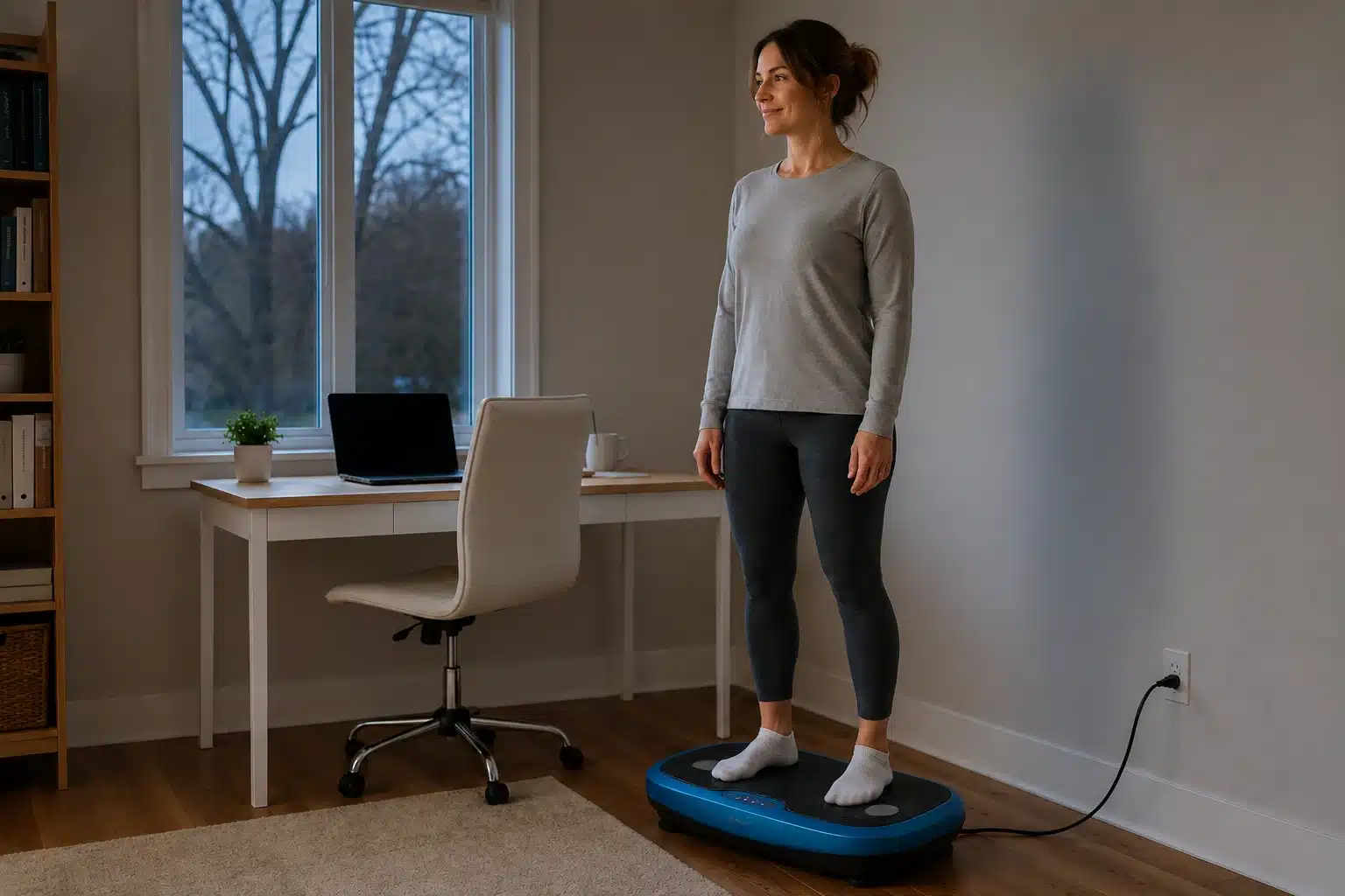 A woman using a vibration plate for restless legs syndrome A woman using a vibration plate for restless legs syndrome