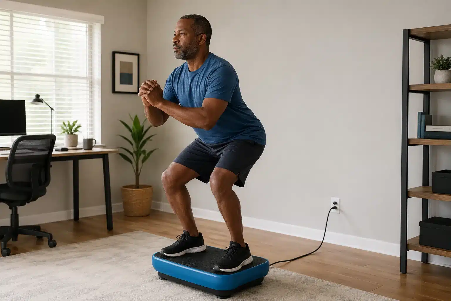 An African American man exercising on a vibration plate An African American man exercising on a vibration plate
